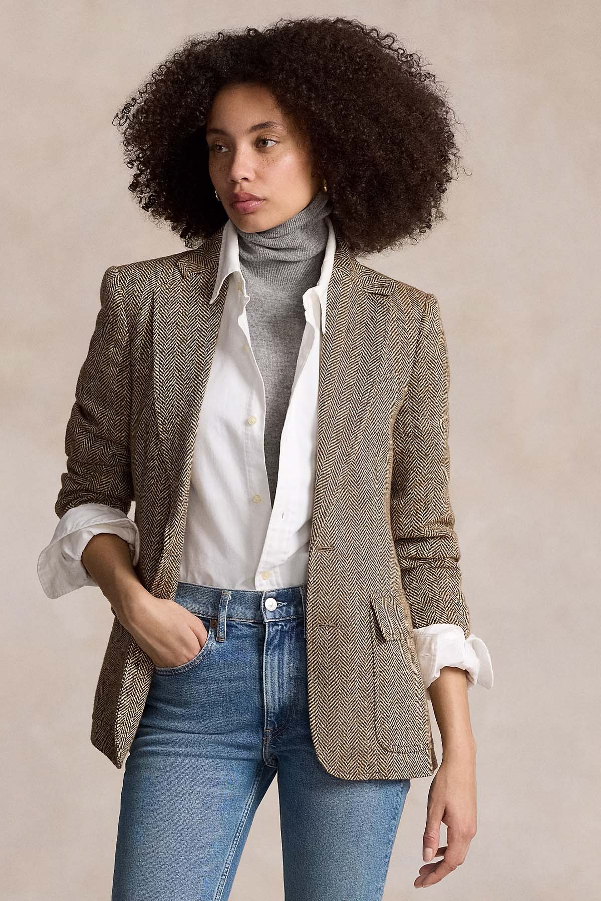 Polo Ralph Lauren Balıksırtı Desenli İpek Yün Karışımlı Keten Blazer Ceket