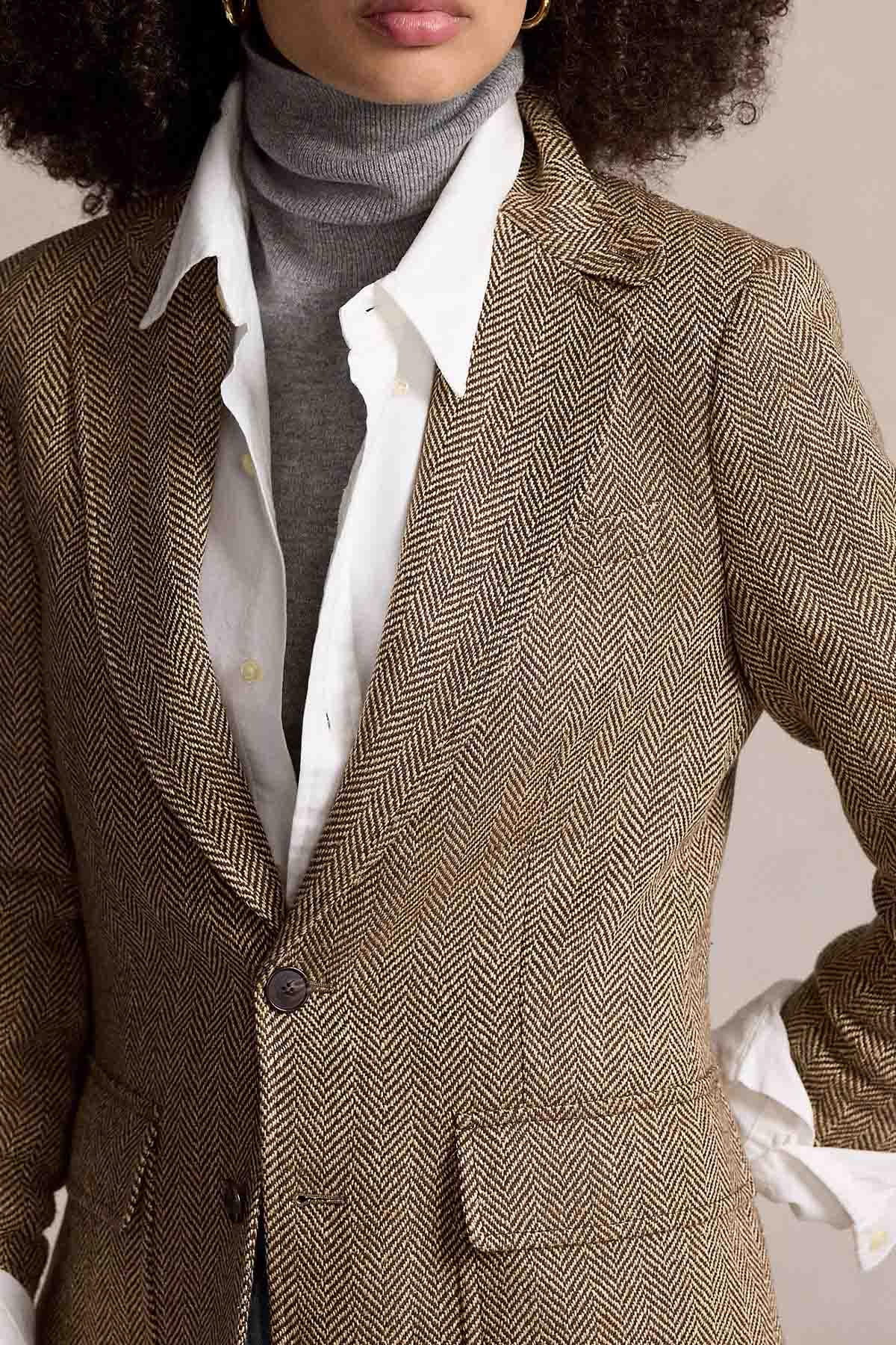 Polo Ralph Lauren Balıksırtı Desenli İpek Yün Karışımlı Keten Blazer Ceket