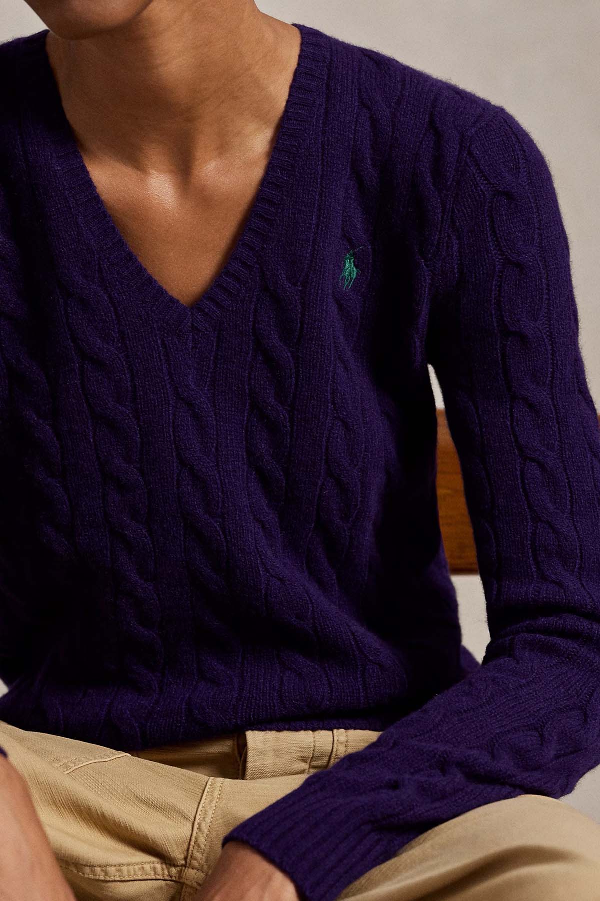 Polo Ralph Lauren Slim Fit V Yaka Saç Örgü Kaşmir Yün Triko