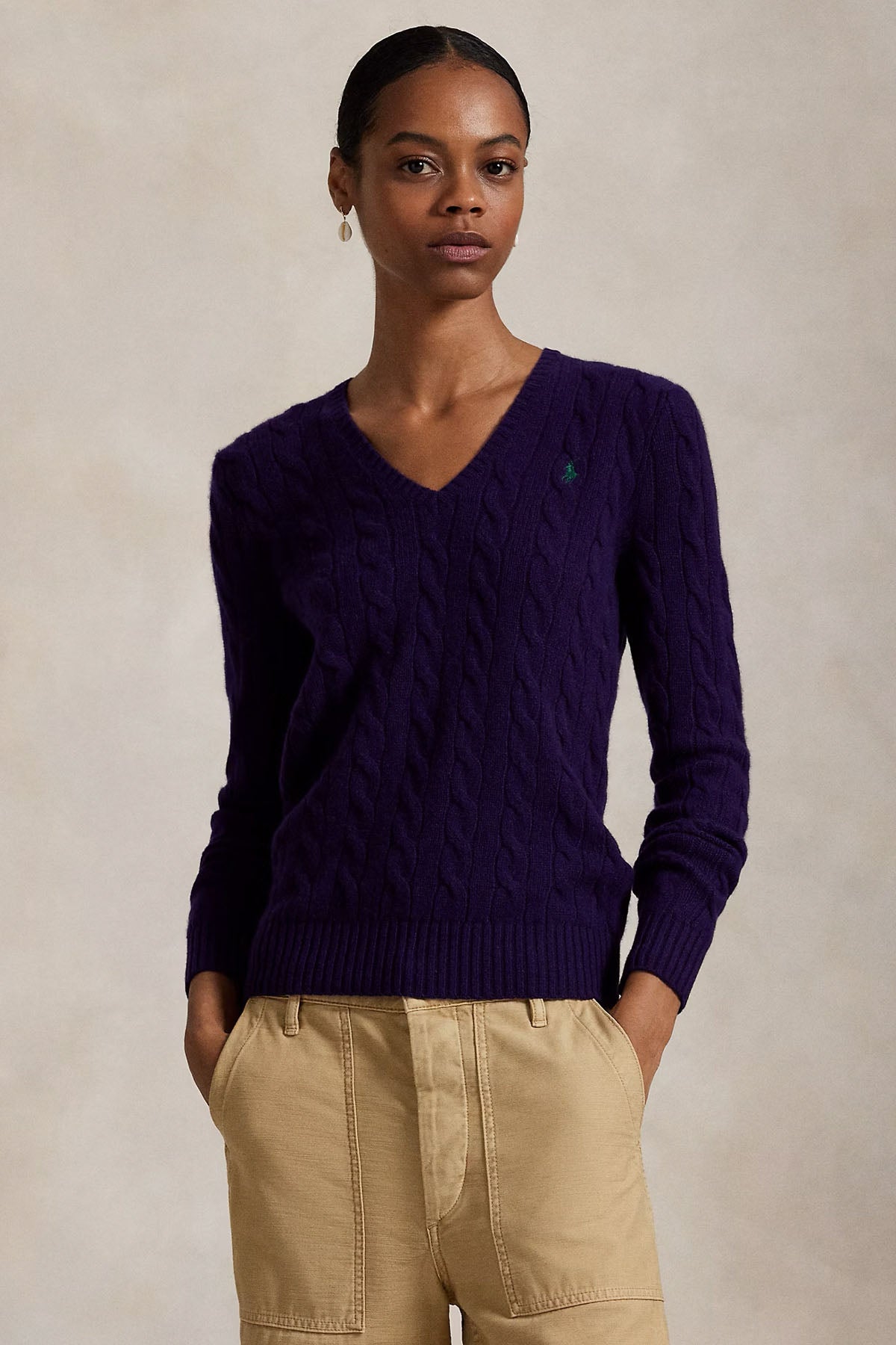 Polo Ralph Lauren Slim Fit V Yaka Saç Örgü Kaşmir Yün Triko