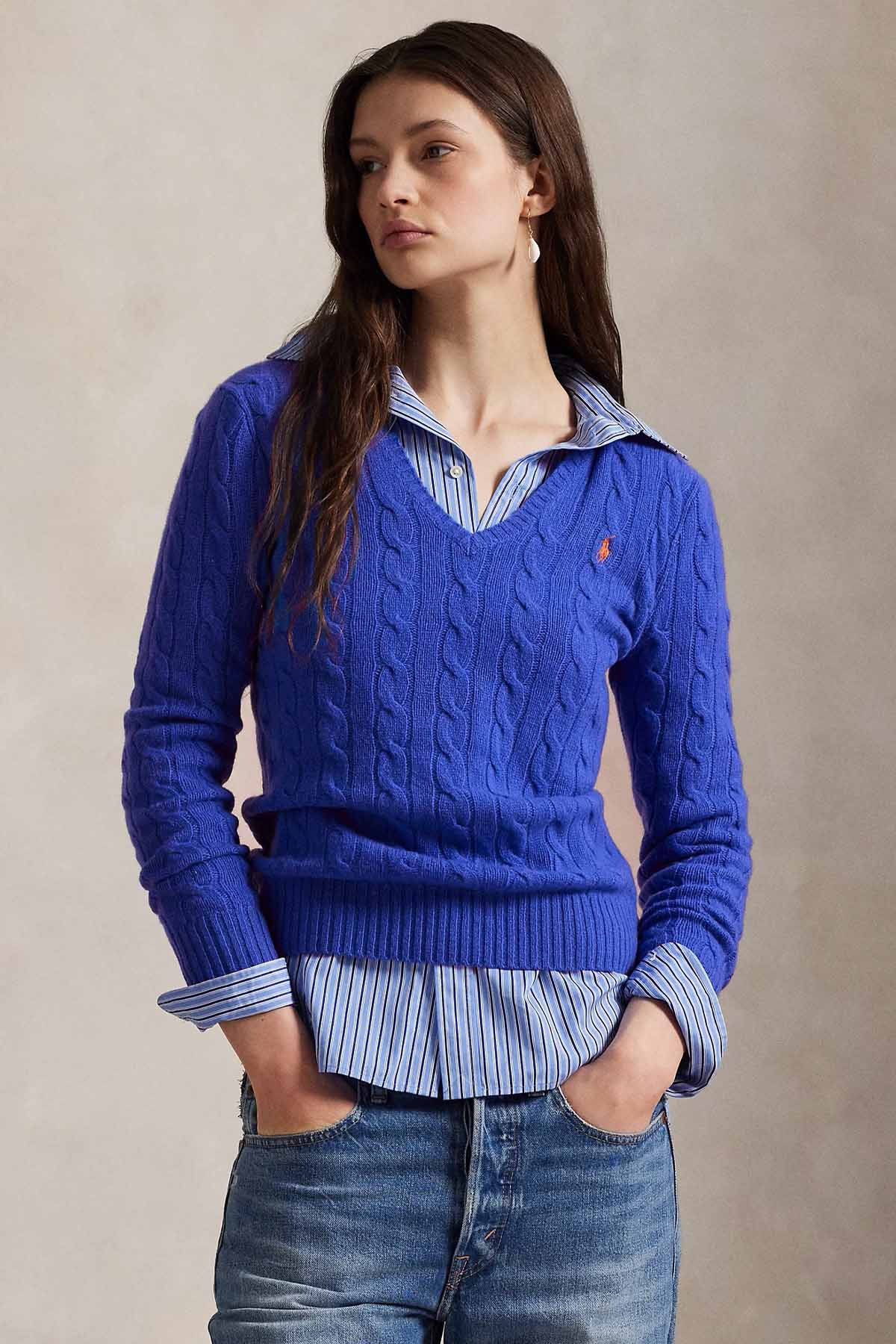 Polo Ralph Lauren Slim Fit V Yaka Saç Örgü Kaşmir Yün Triko