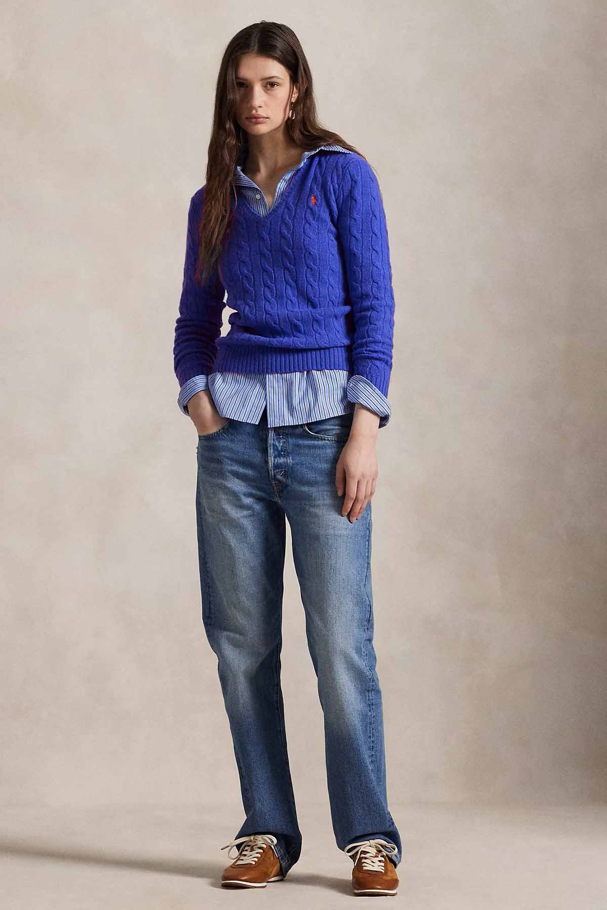 Polo Ralph Lauren Slim Fit V Yaka Saç Örgü Kaşmir Yün Triko