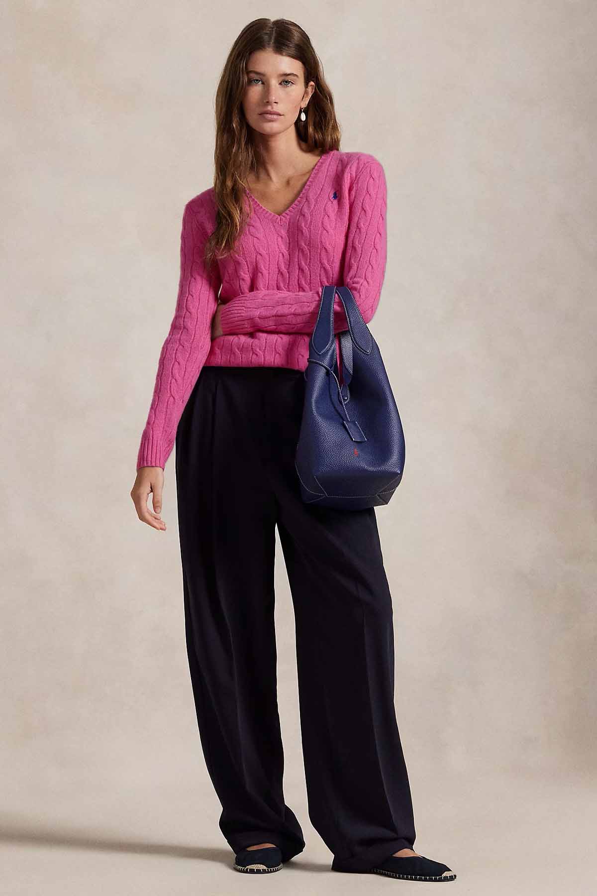 Polo Ralph Lauren Slim Fit V Yaka Saç Örgü Kaşmir Yün Triko