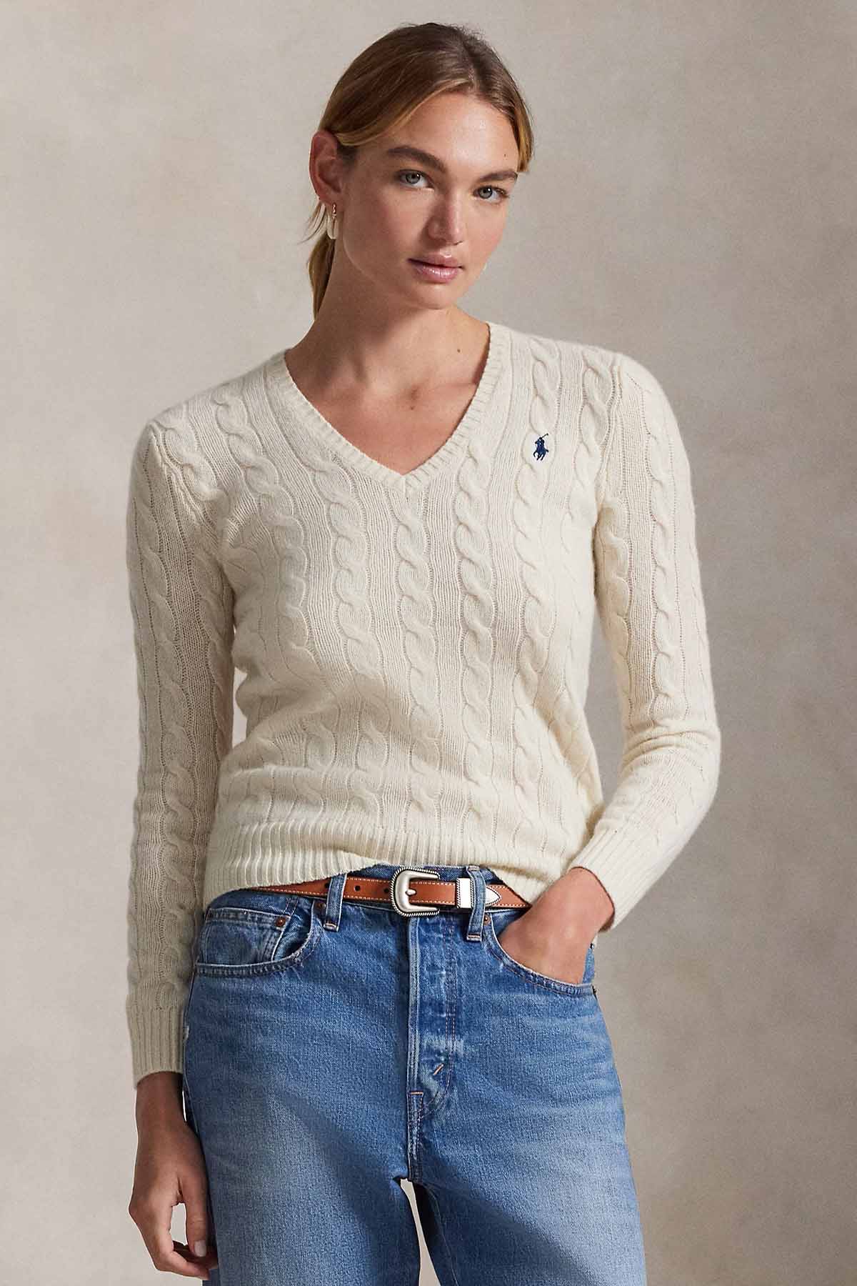 Polo Ralph Lauren Slim Fit V Yaka Saç Örgü Kaşmir Yün Triko