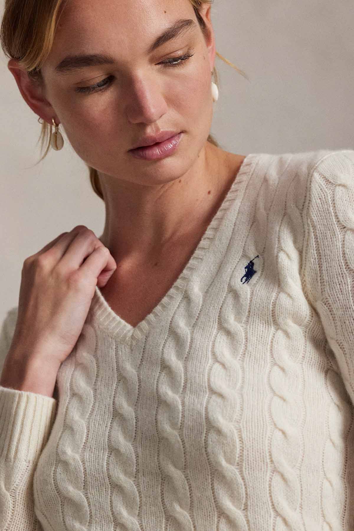 Polo Ralph Lauren Slim Fit V Yaka Saç Örgü Kaşmir Yün Triko