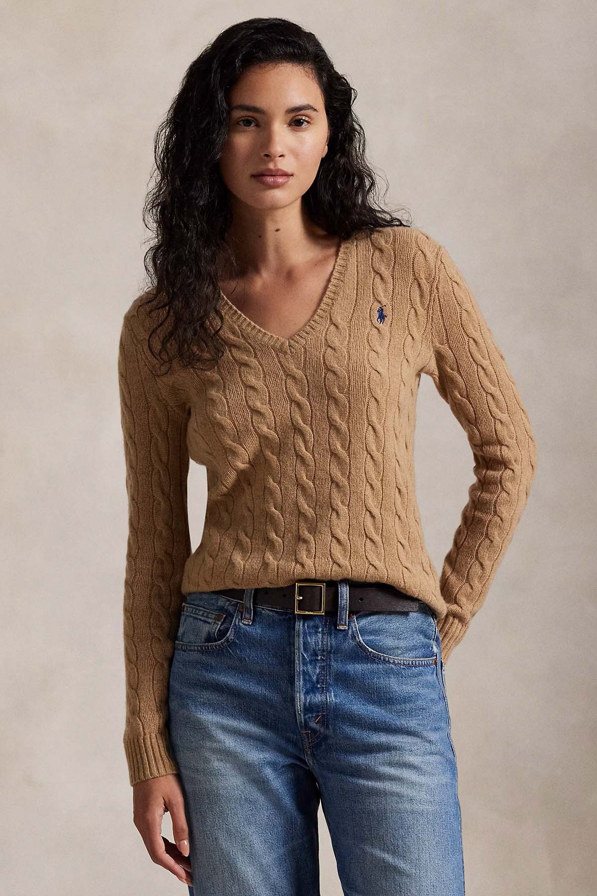 Polo Ralph Lauren Slim Fit V Yaka Saç Örgü Kaşmir Yün Triko