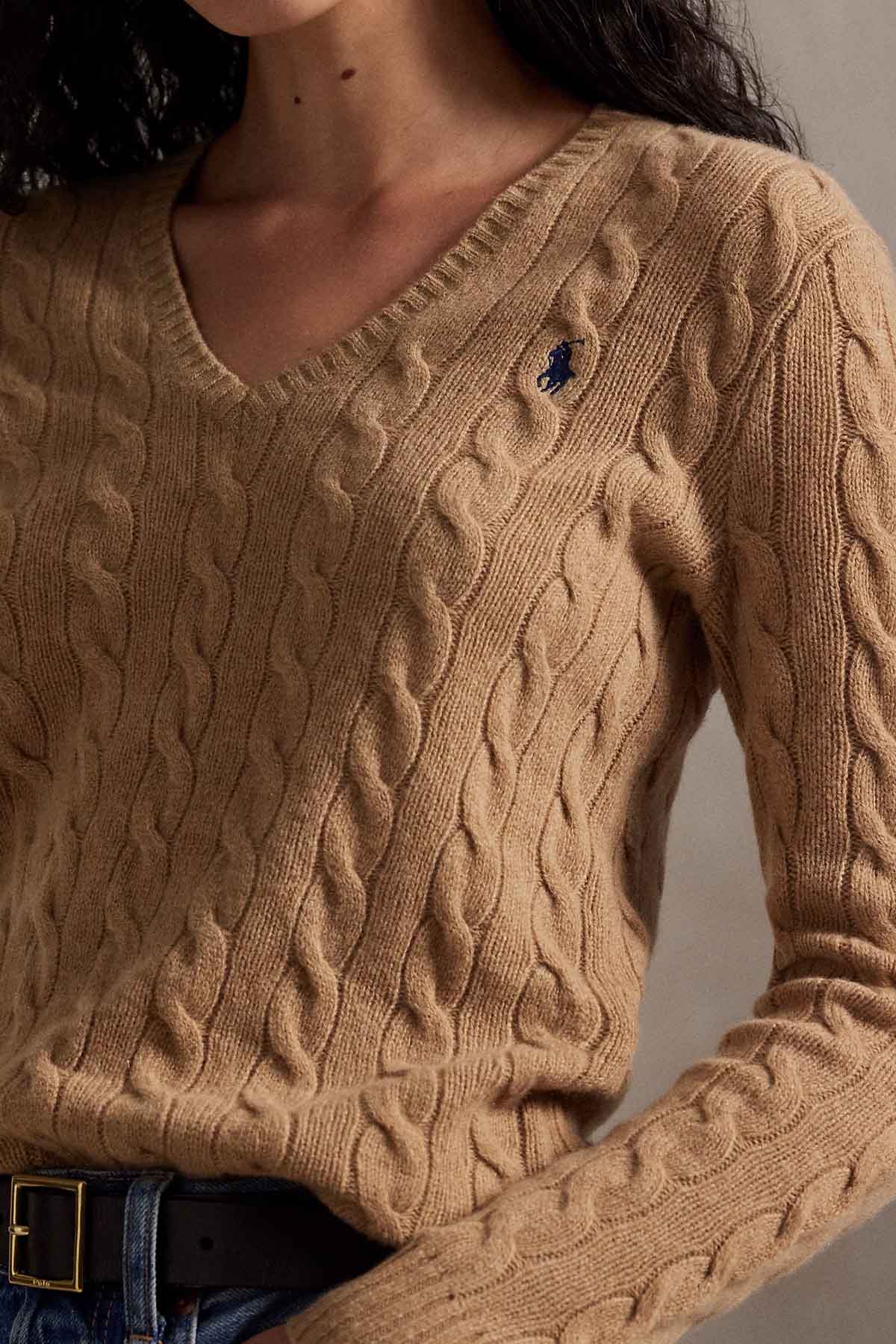 Polo Ralph Lauren Slim Fit V Yaka Saç Örgü Kaşmir Yün Triko