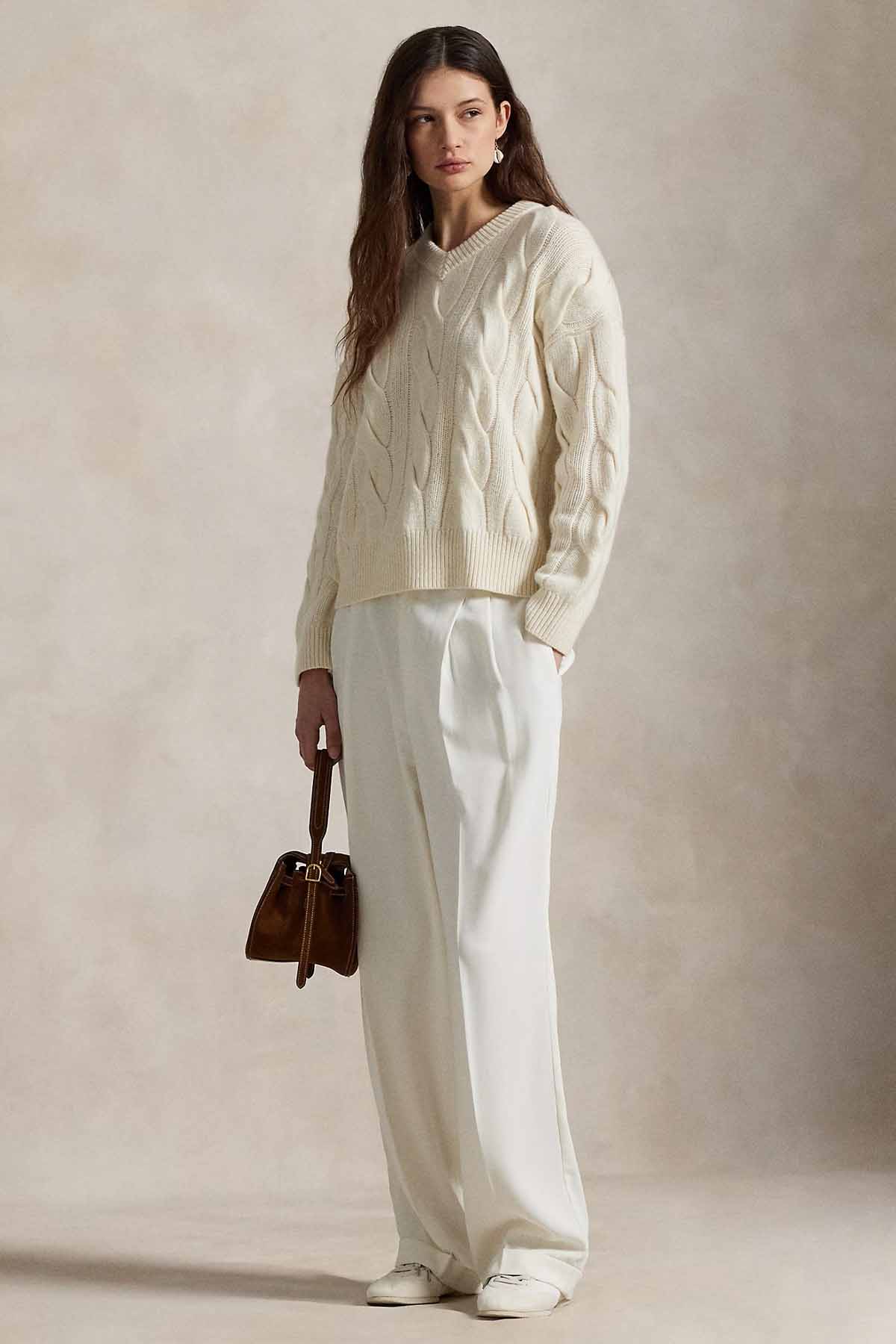 Polo Ralph Lauren Relaxed Fit V Yaka Saç Örgü Kaşmir Yün Triko