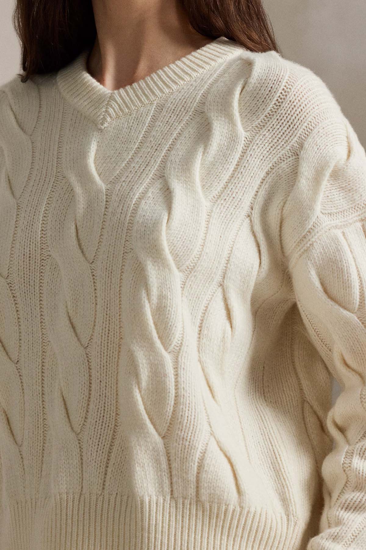 Polo Ralph Lauren Relaxed Fit V Yaka Saç Örgü Kaşmir Yün Triko