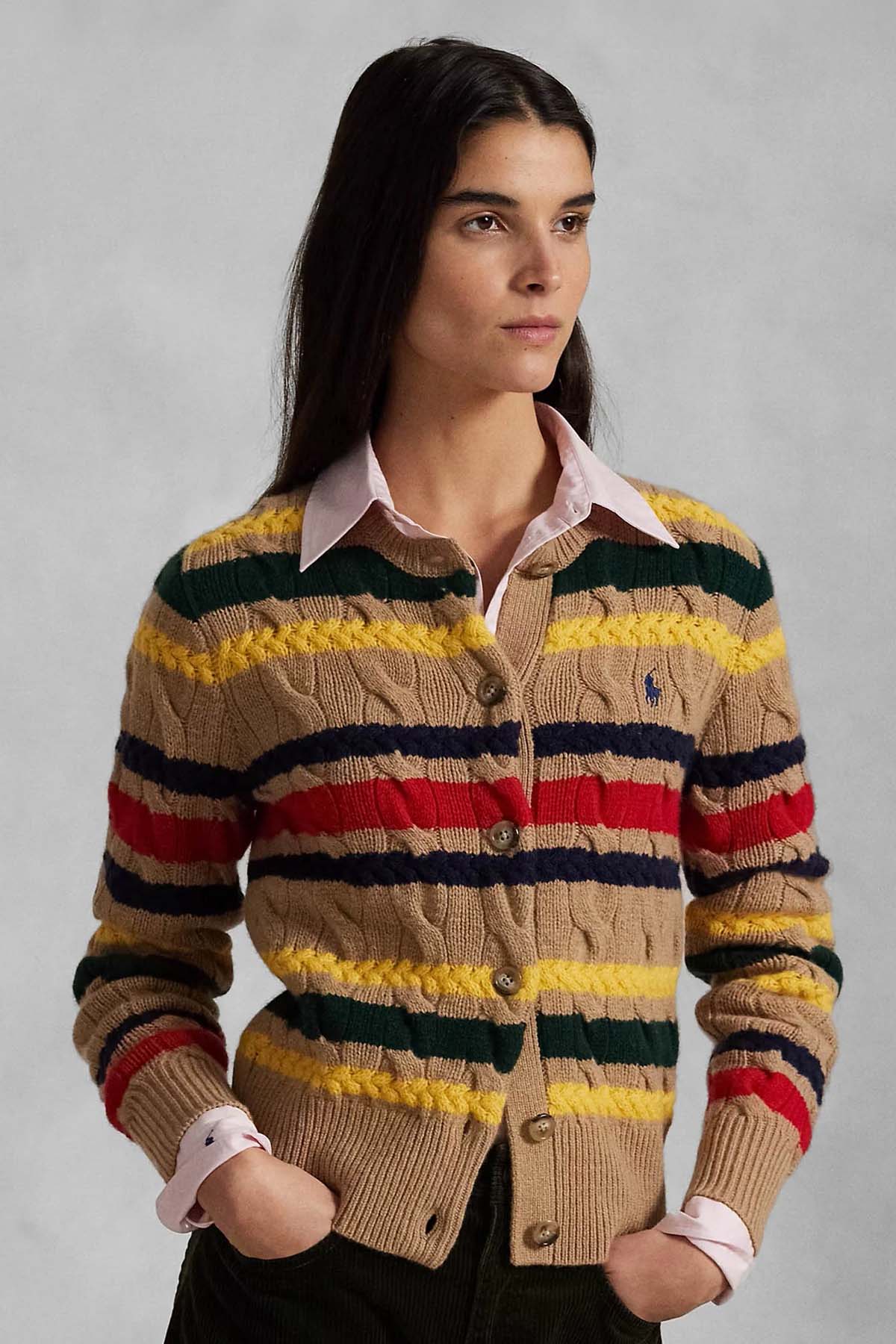 Polo Ralph Lauren Slim Fit Renk Bloklu Saç Örgü Kaşmir Yün Triko Ceket