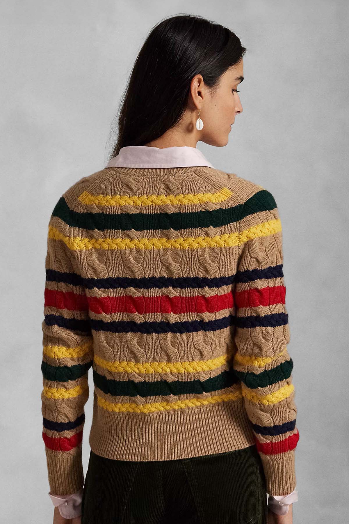 Polo Ralph Lauren Slim Fit Renk Bloklu Saç Örgü Kaşmir Yün Triko Ceket