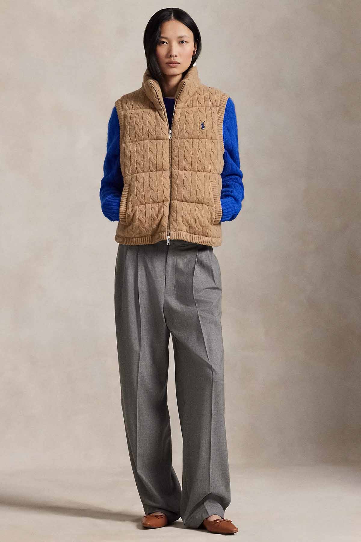 Polo Ralph Lauren Dik Yaka Saç Örgü Kaşmir Yün Puffer Yelek