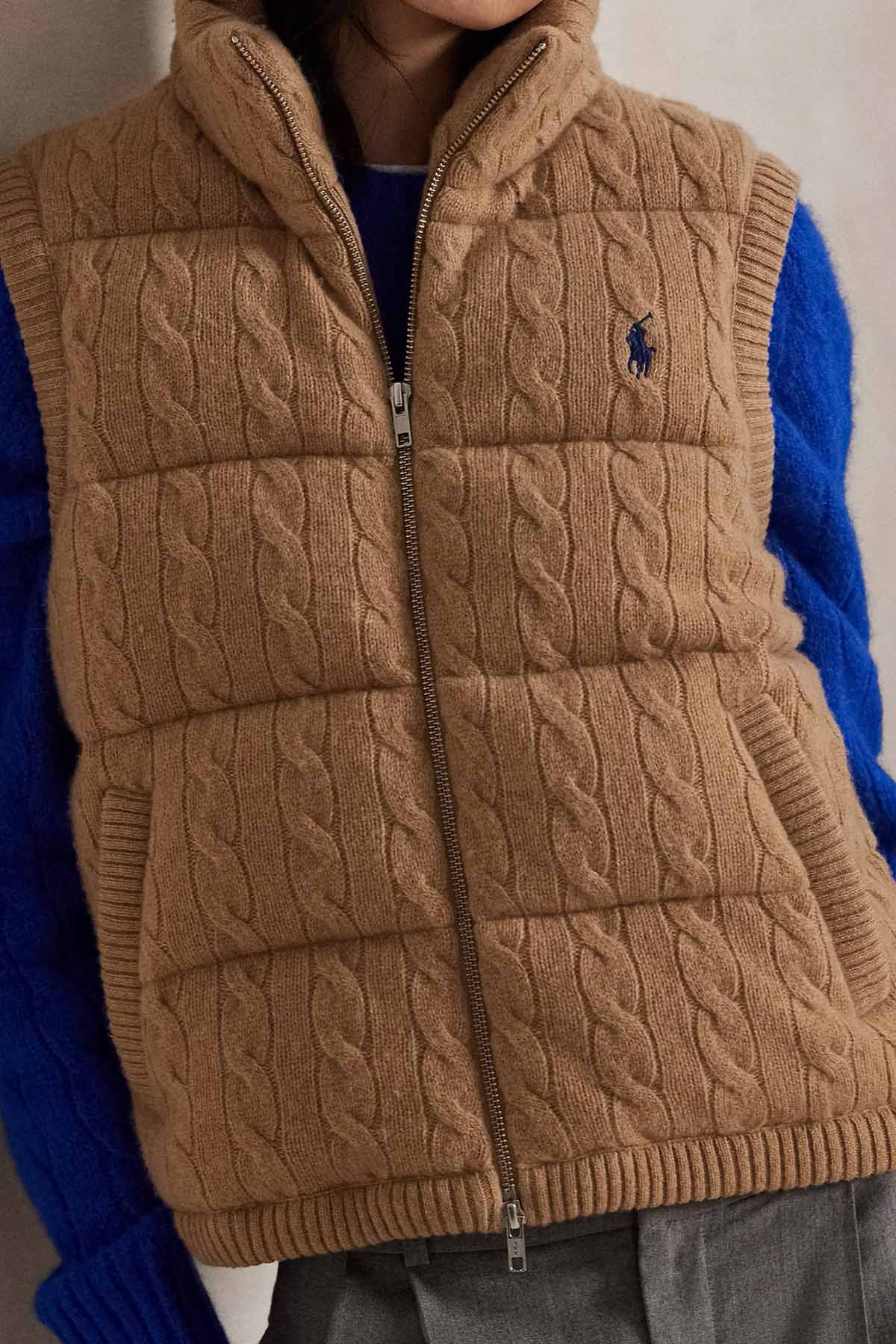 Polo Ralph Lauren Dik Yaka Saç Örgü Kaşmir Yün Puffer Yelek