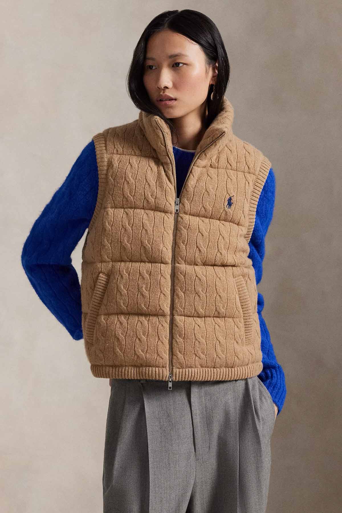 Polo Ralph Lauren Dik Yaka Saç Örgü Kaşmir Yün Puffer Yelek