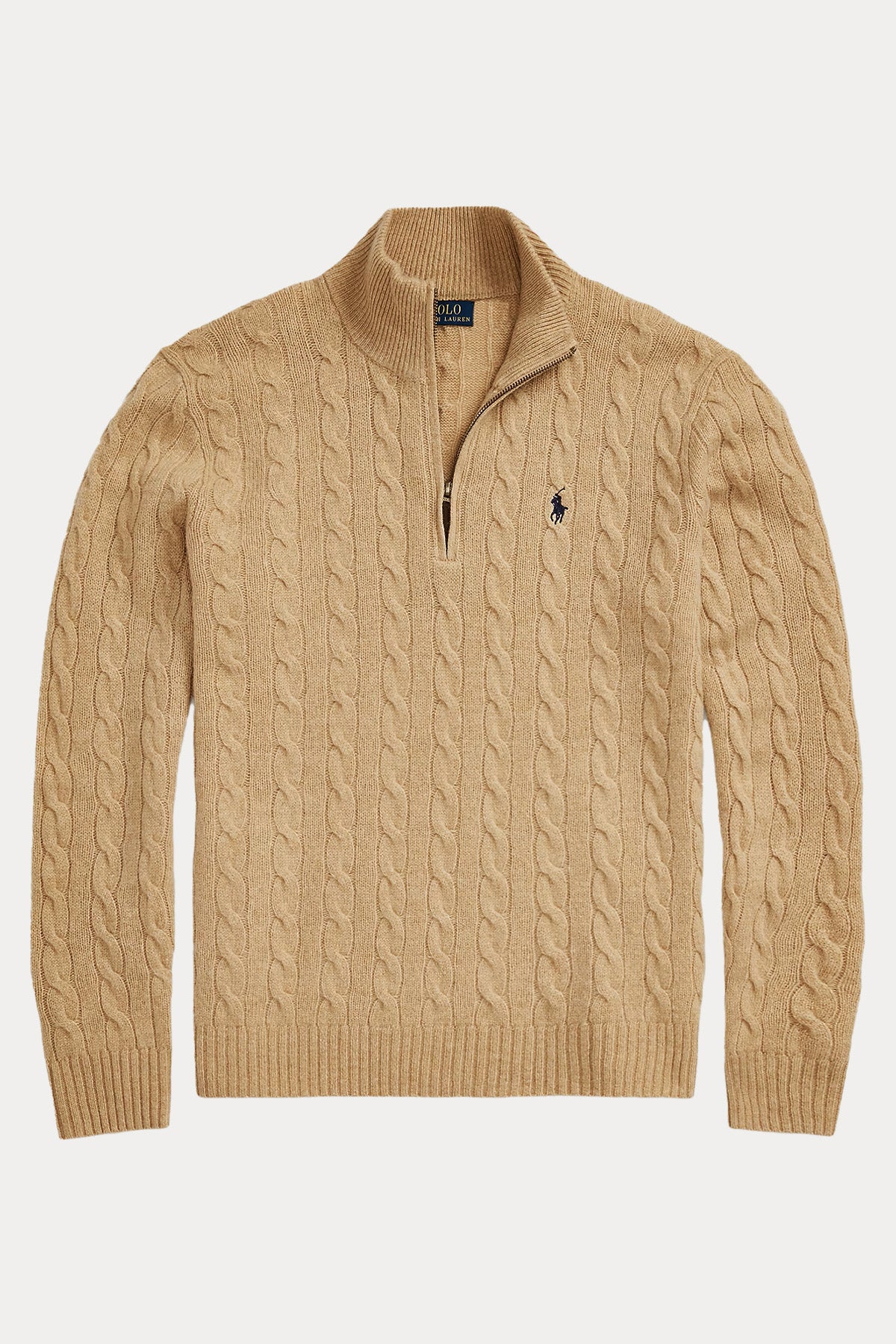 Polo Ralph Lauren Yarım Fermuarlı Dik Yaka Saç Örgü Kaşmir Yün Triko