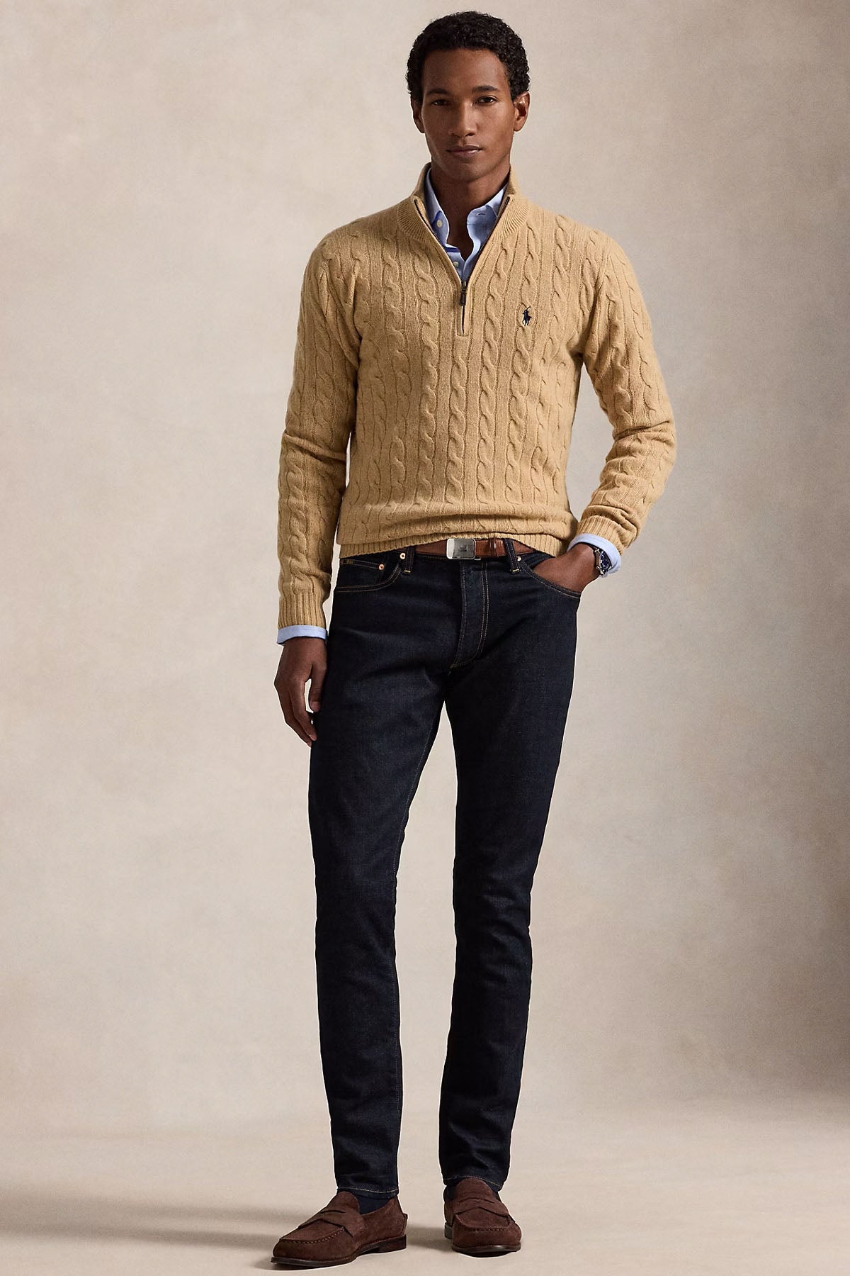 Polo Ralph Lauren Yarım Fermuarlı Dik Yaka Saç Örgü Kaşmir Yün Triko