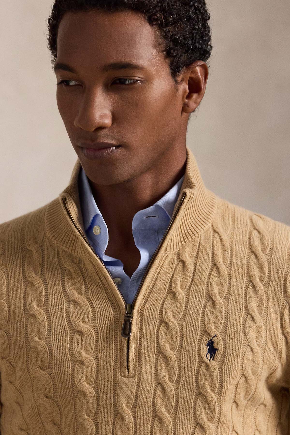 Polo Ralph Lauren Yarım Fermuarlı Dik Yaka Saç Örgü Kaşmir Yün Triko