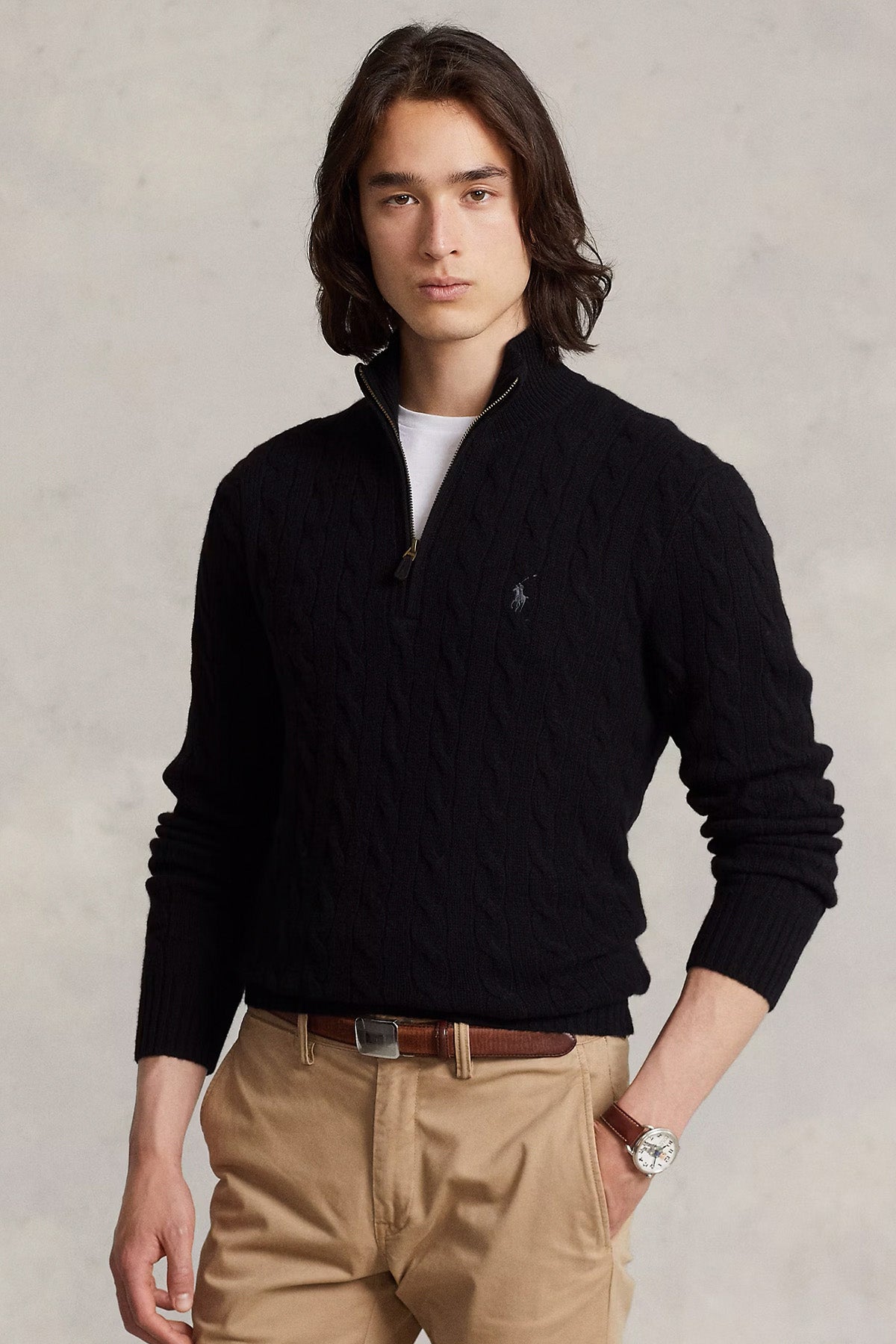 Polo Ralph Lauren Yarım Fermuarlı Dik Yaka Saç Örgü Kaşmir Yün Triko