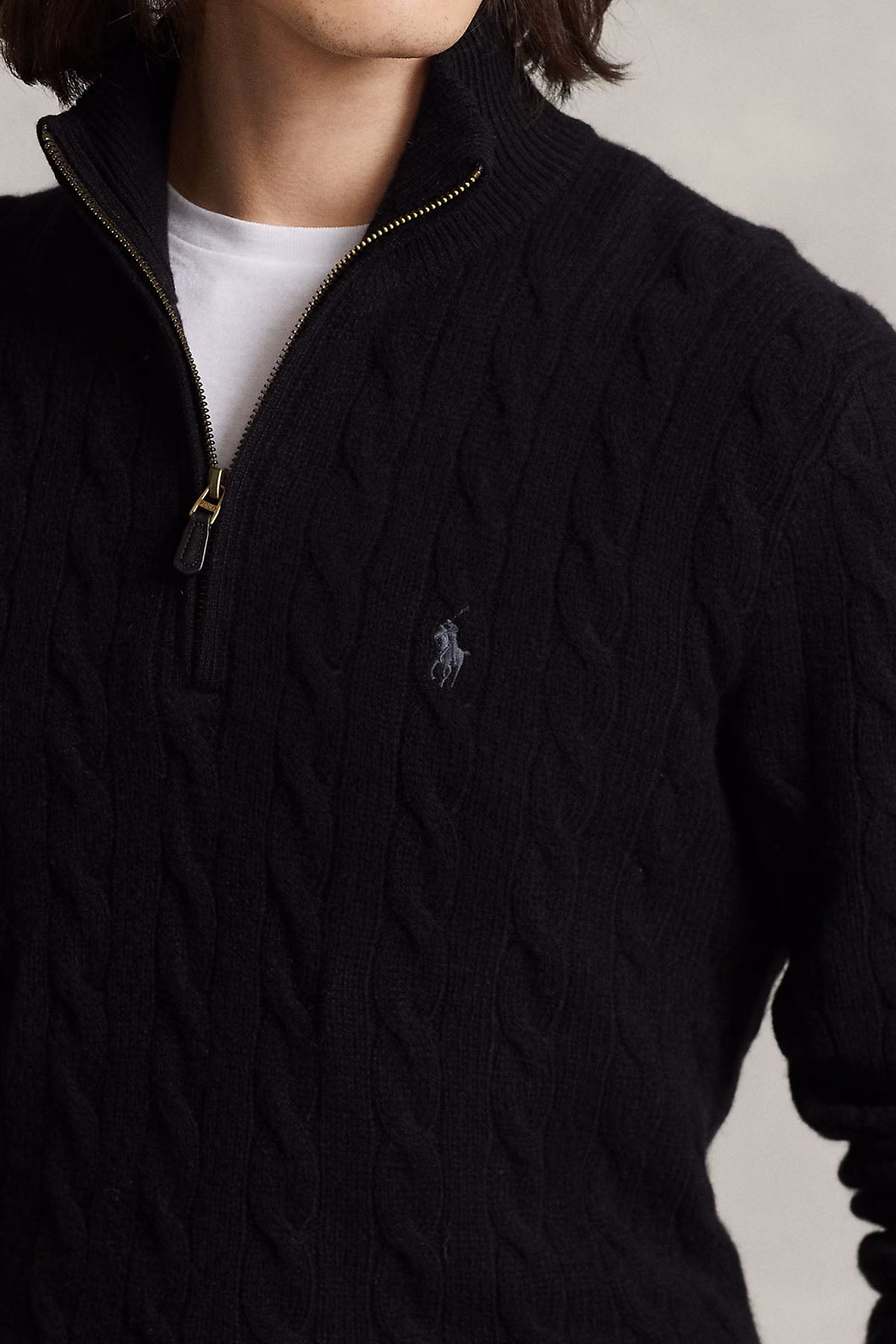 Polo Ralph Lauren Yarım Fermuarlı Dik Yaka Saç Örgü Kaşmir Yün Triko