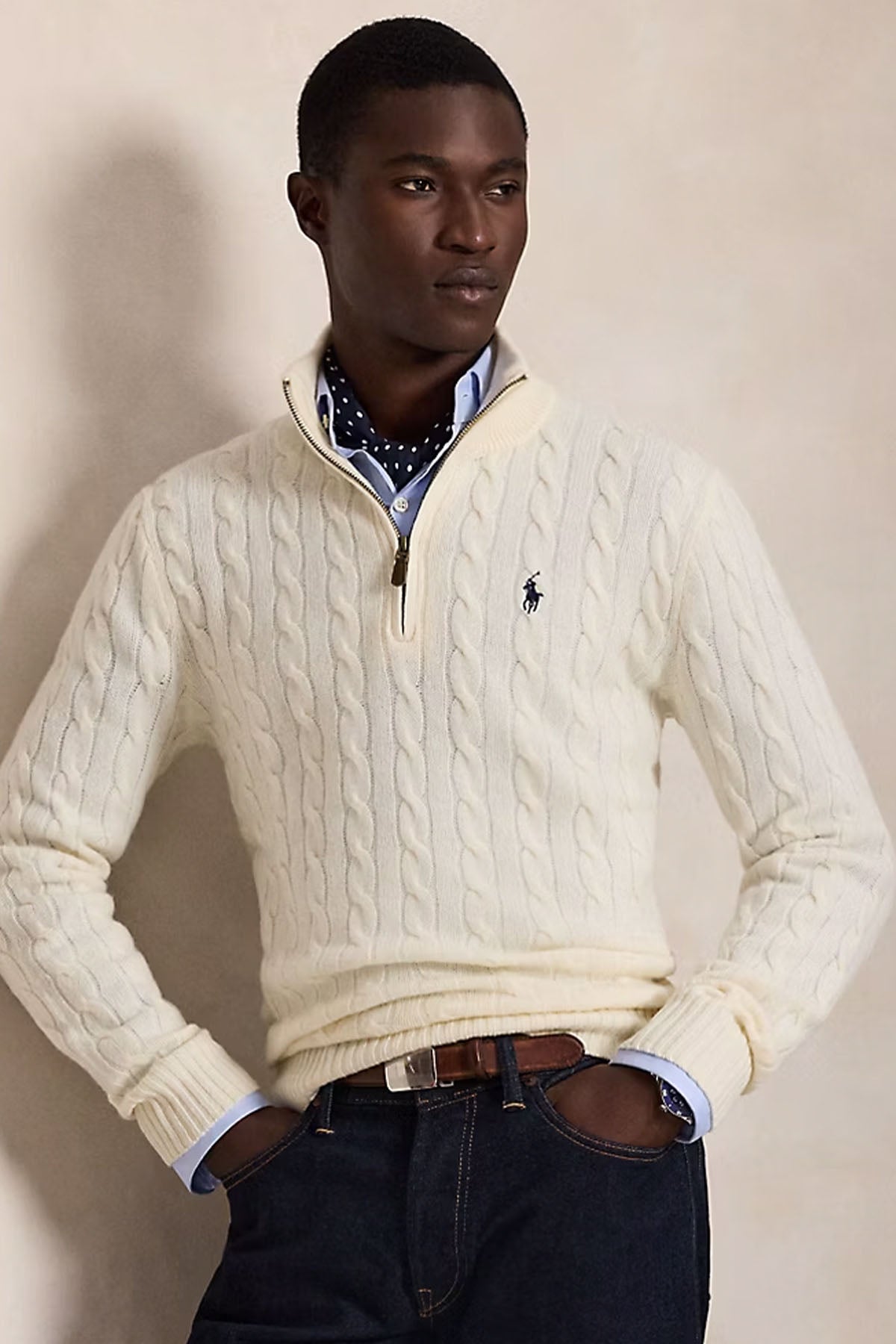 Polo Ralph Lauren Yarım Fermuarlı Dik Yaka Saç Örgü Kaşmir Yün Triko