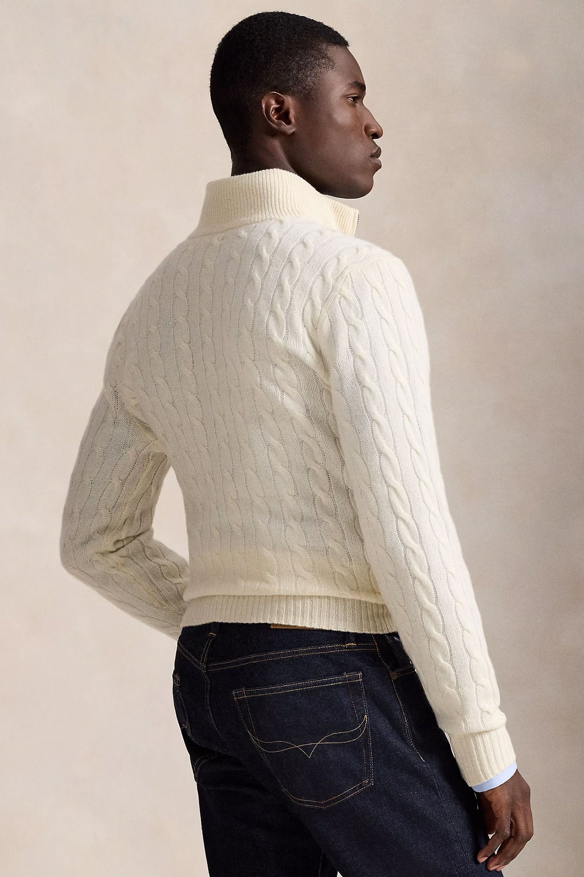 Polo Ralph Lauren Yarım Fermuarlı Dik Yaka Saç Örgü Kaşmir Yün Triko