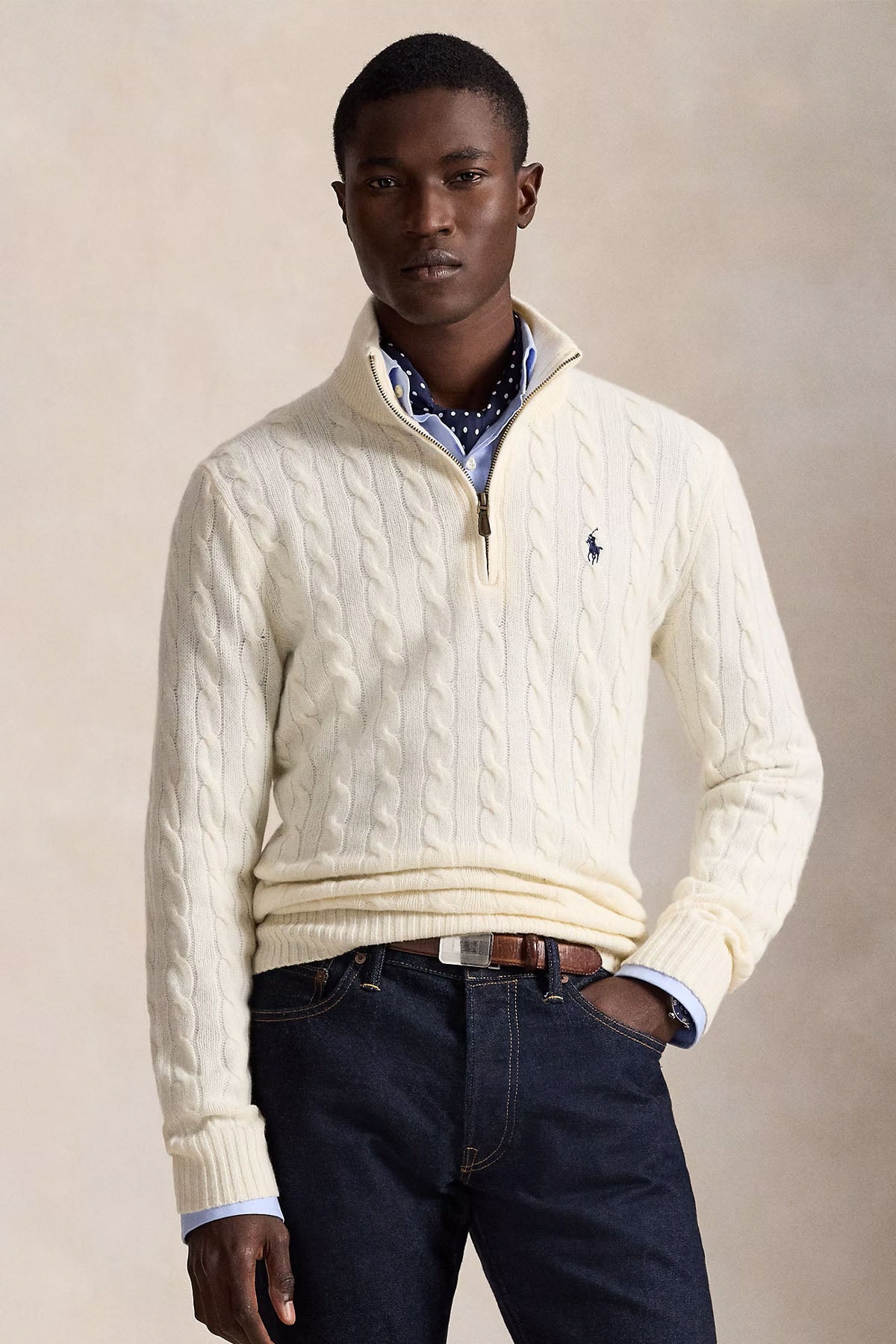 Polo Ralph Lauren Yarım Fermuarlı Dik Yaka Saç Örgü Kaşmir Yün Triko