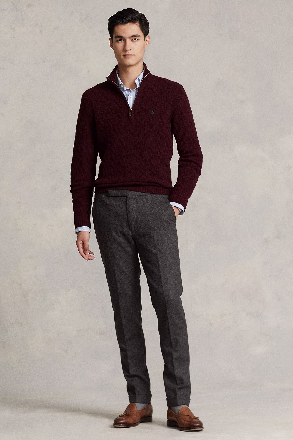 Polo Ralph Lauren Yarım Fermuarlı Dik Yaka Kaşmir Saç Örgü Yün Triko