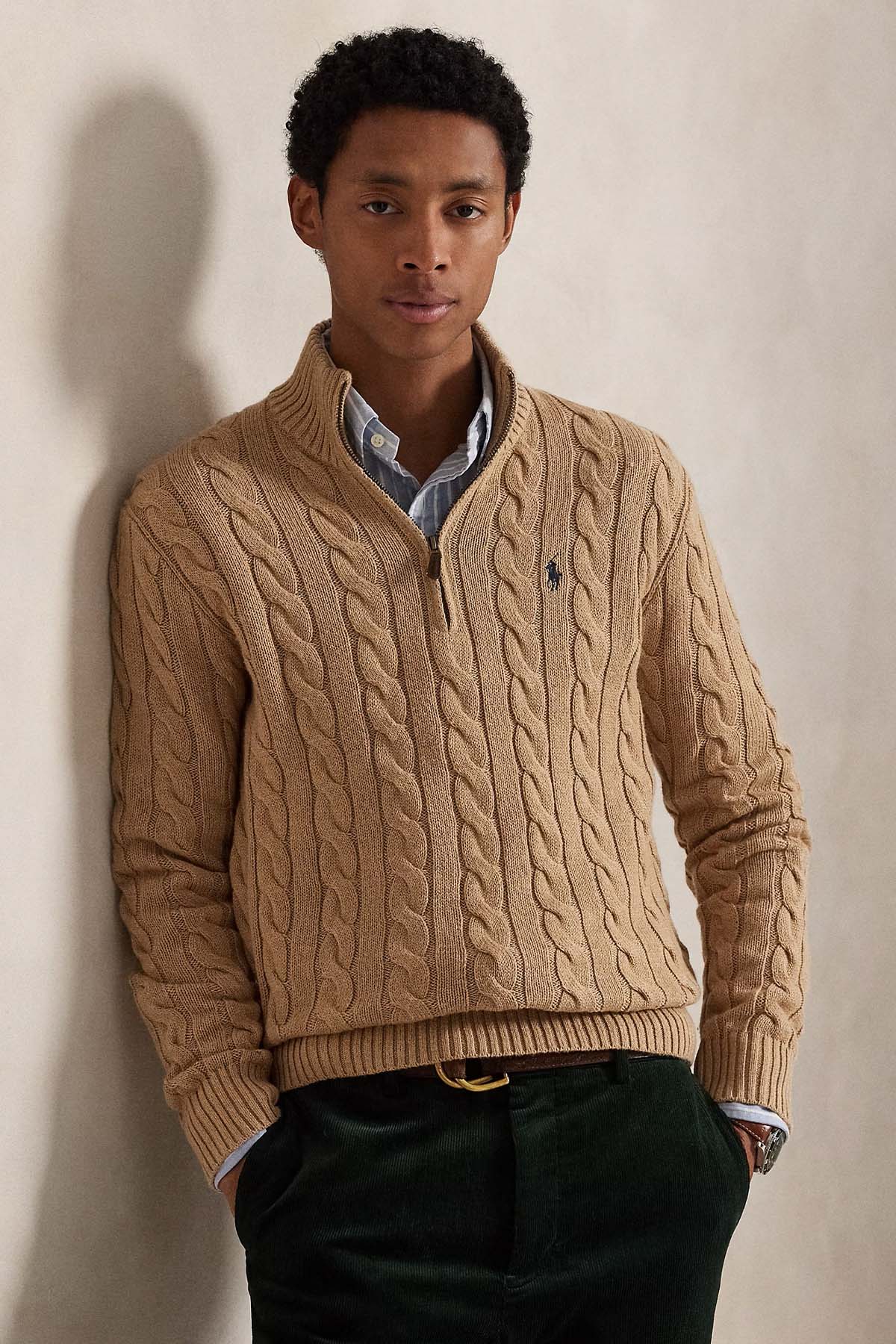 Polo Ralph Lauren Yarım Fermuarlı Dik Yaka Saç Örgü Triko