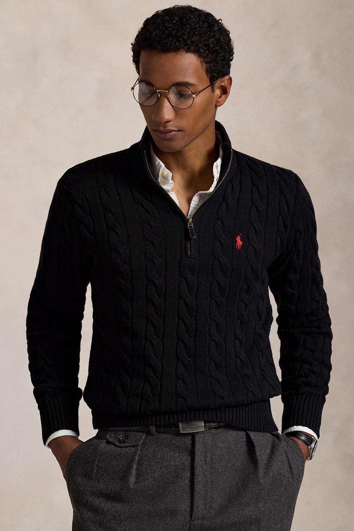 Polo Ralph Lauren Yarım Fermuarlı Dik Yaka Saç Örgü Triko