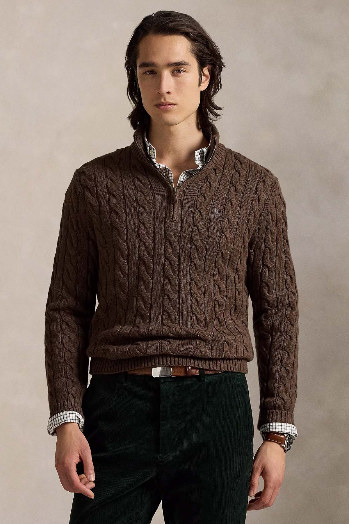 Polo Ralph Lauren Yarım Fermuarlı Dik Yaka Saç Örgü Triko