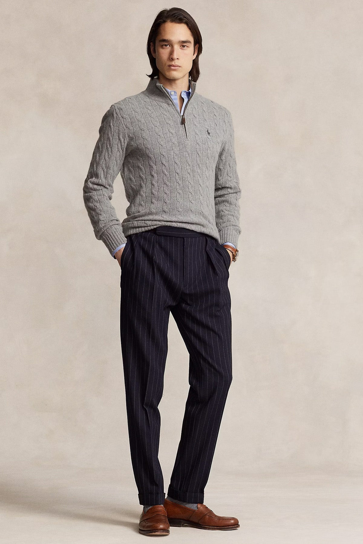 Polo Ralph Lauren Yarım Fermuarlı Dik Yaka Kaşmir Saç Örgü Yün Triko