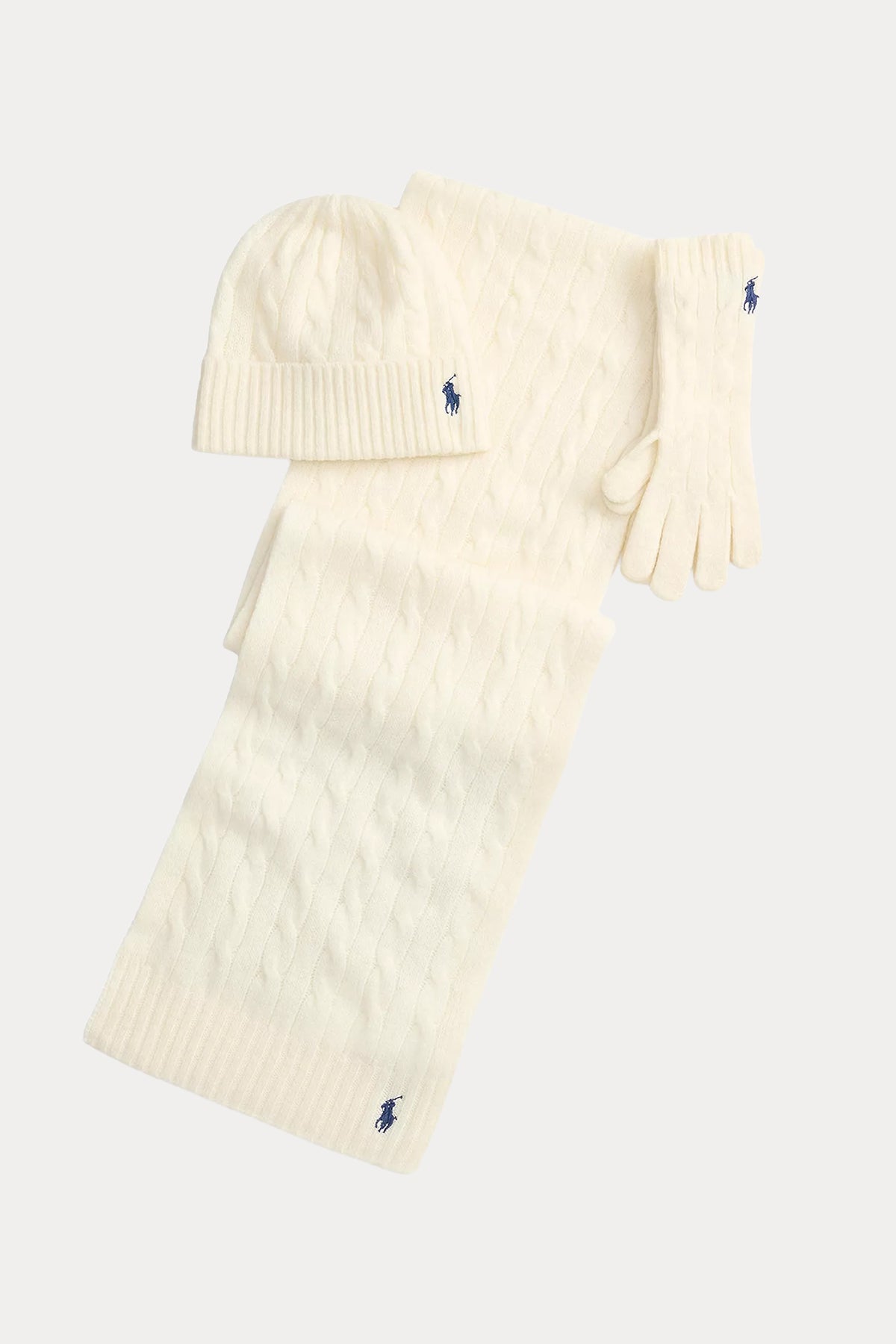 Polo Ralph Lauren Kaşmir Saç Örgü Yün Atkı Bere Eldiven Set