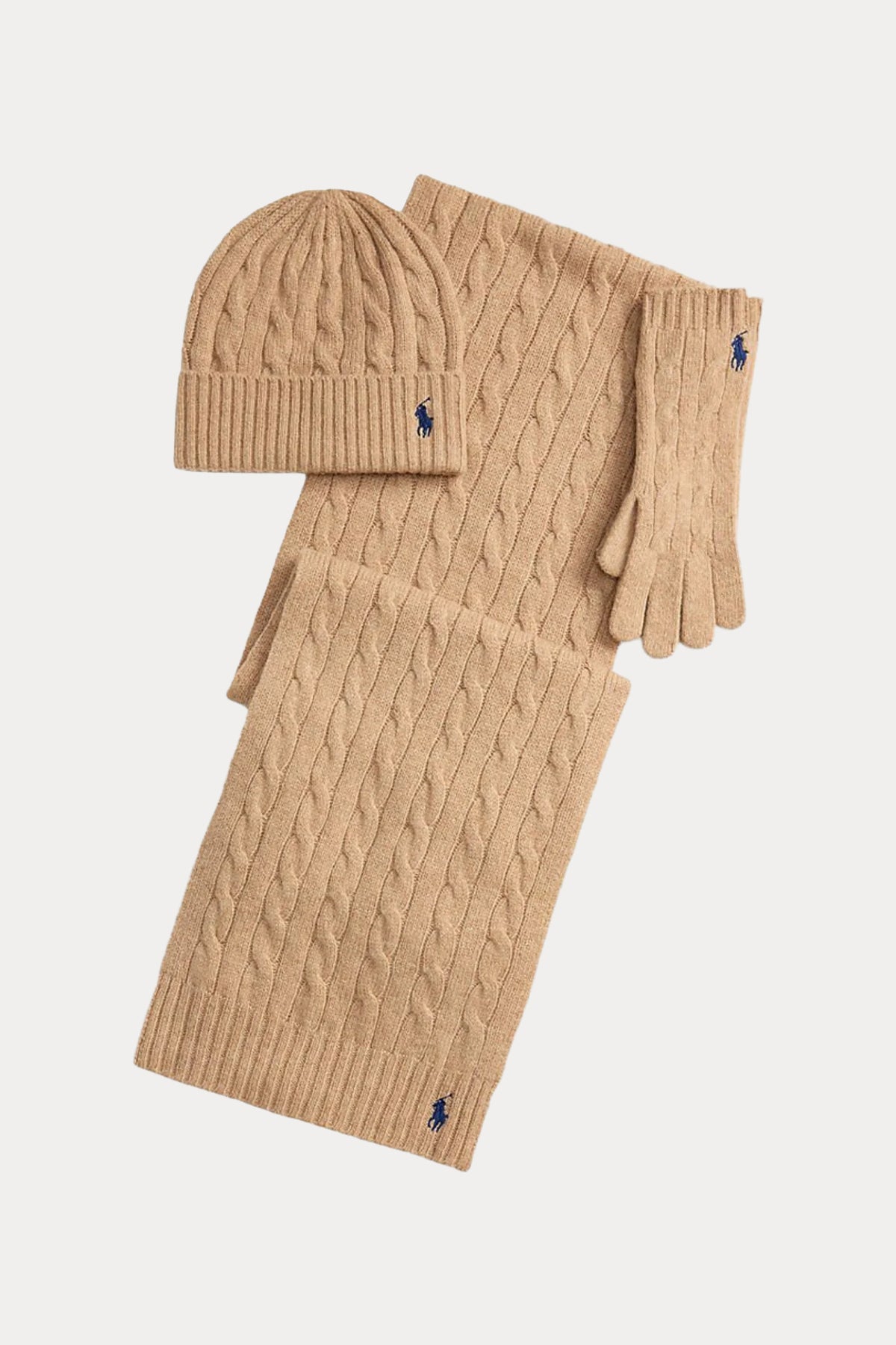 Polo Ralph Lauren Kaşmir Saç Örgü Yün Atkı Bere Eldiven Set