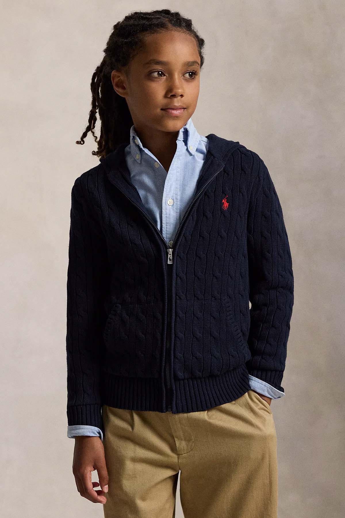 Polo Ralph Lauren Kids S-L Beden Unisex Çocuk Saç Örgü Kapüşonlu Triko Ceket