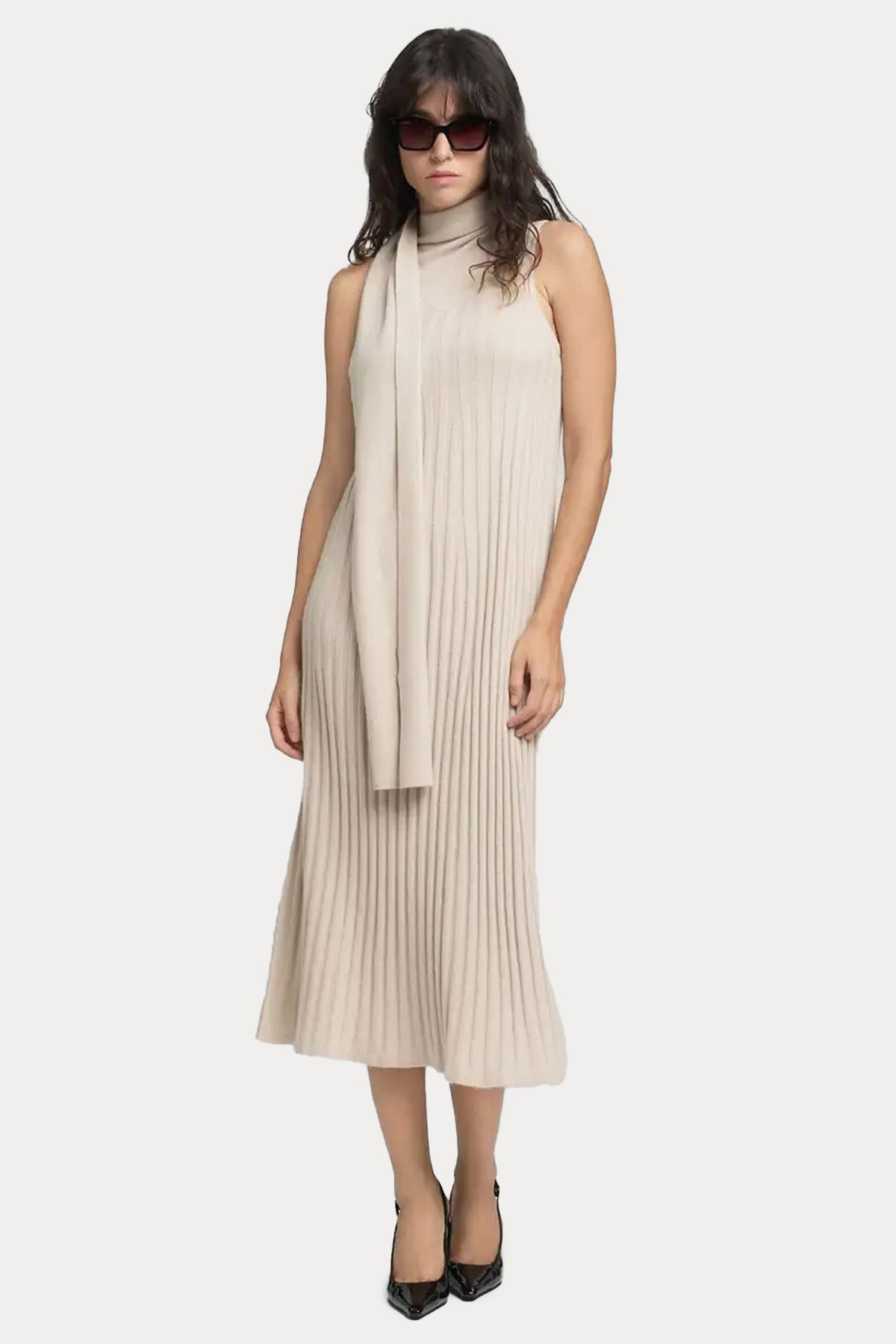 Replay Balıkçı Şal Yaka Piliseli Örgü Yün Midi Elbise