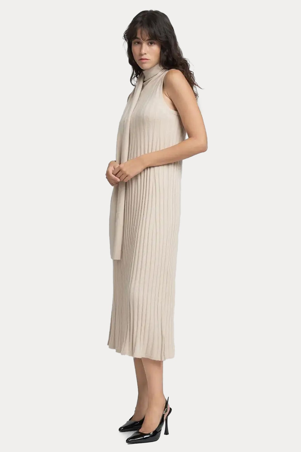 Replay Balıkçı Şal Yaka Piliseli Örgü Yün Midi Elbise