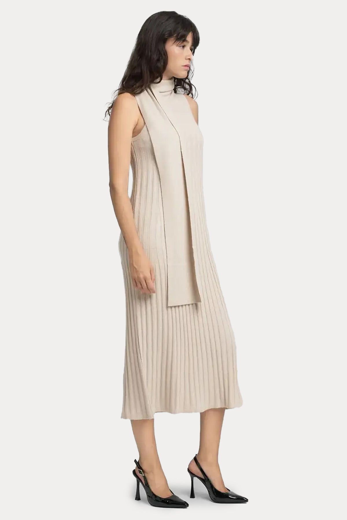 Replay Balıkçı Şal Yaka Piliseli Örgü Yün Midi Elbise