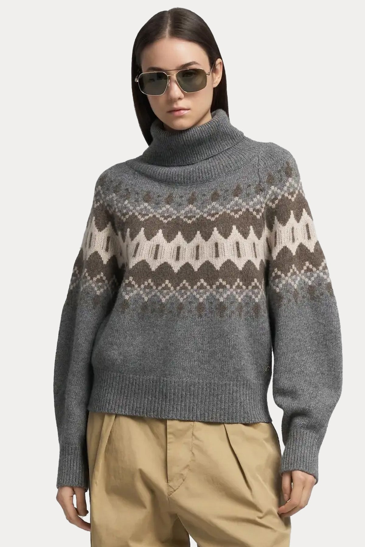 Replay Relaxed Fit Balıkçı Yaka Fire Isle Desenli Örgü Yün Triko