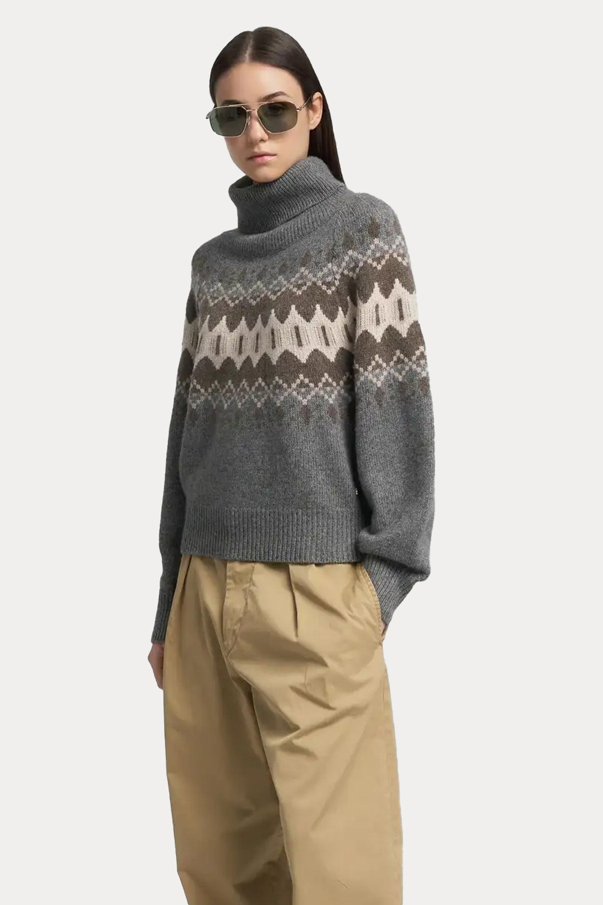 Replay Relaxed Fit Balıkçı Yaka Fire Isle Desenli Örgü Yün Triko