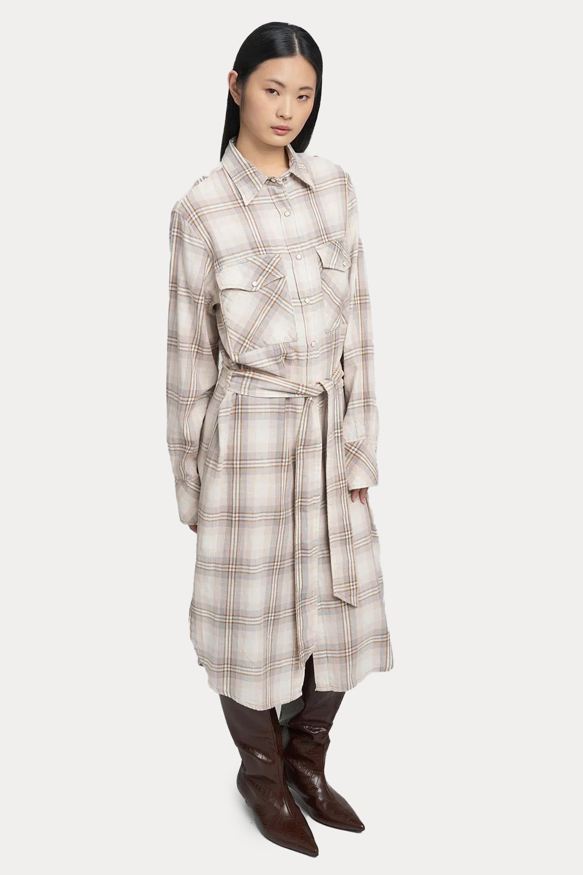 Replay Relaxed Fit Ekose Desen Kemerli Midi Gömlek Elbise