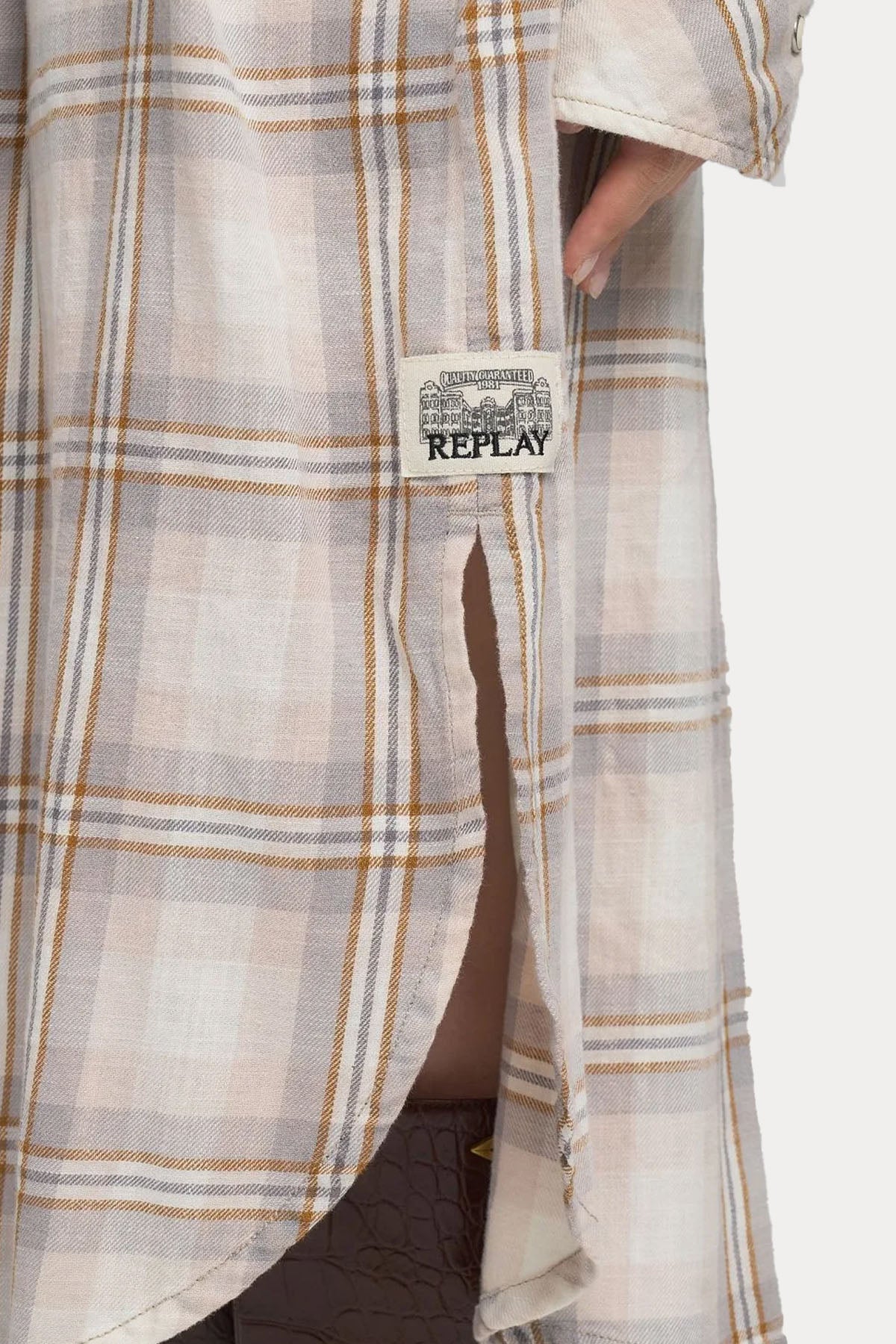 Replay Relaxed Fit Ekose Desen Kemerli Midi Gömlek Elbise