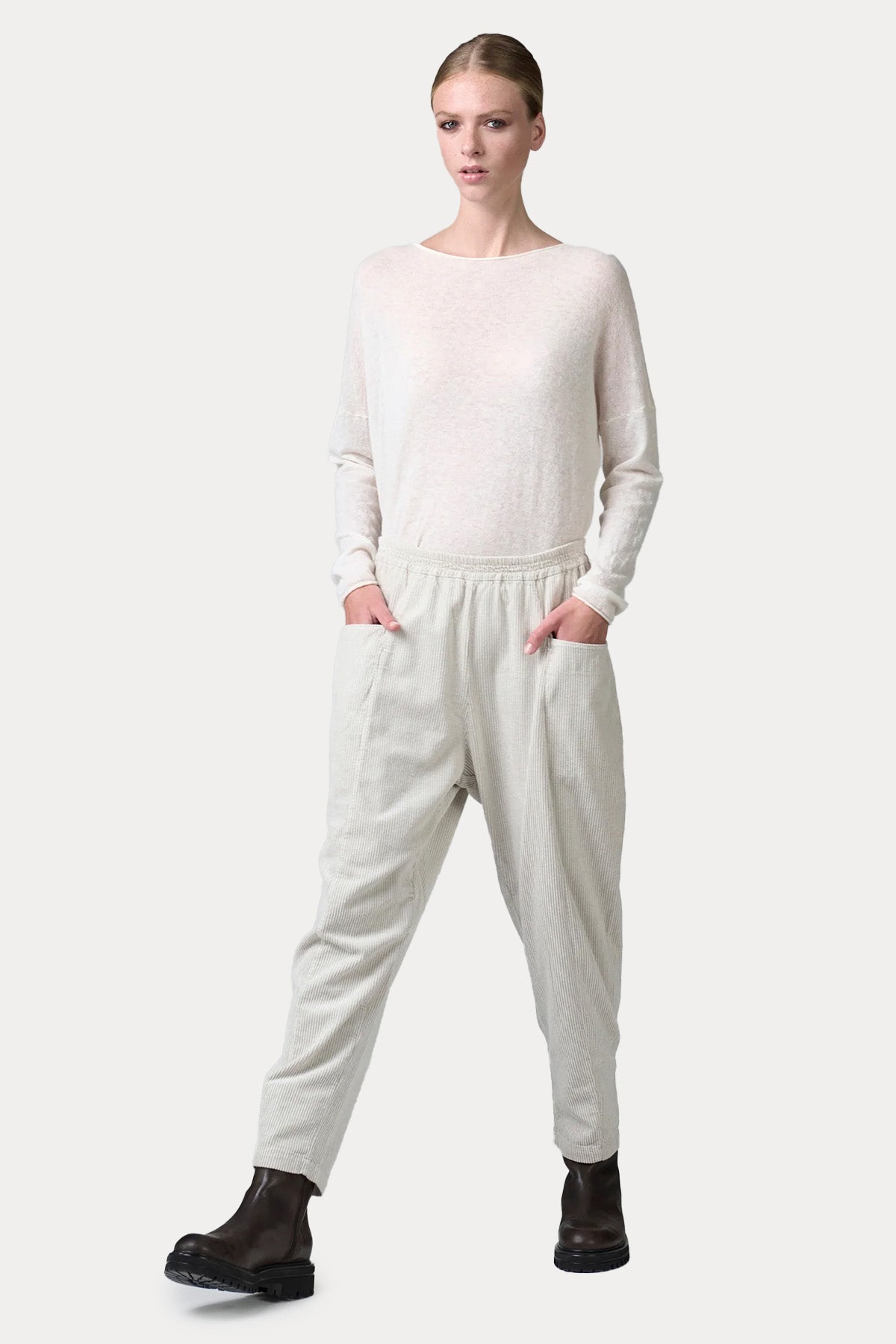 Transit Relaxed Fit Beli Lastikli Fitilli Kadife Pantolon