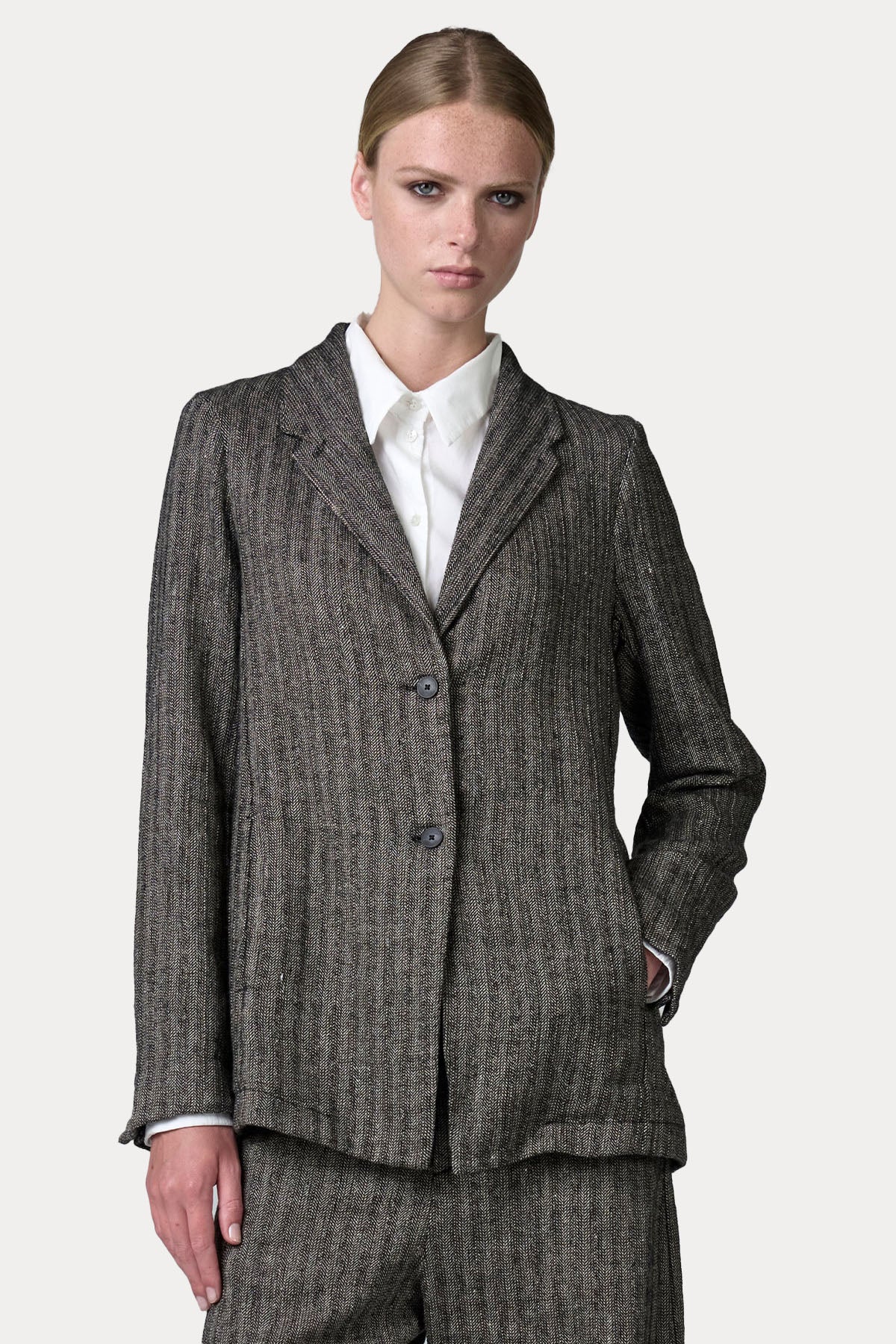 Transit Relaxed Fit Balıksırtı Desenli Keten Örgü Yün Blazer Ceket