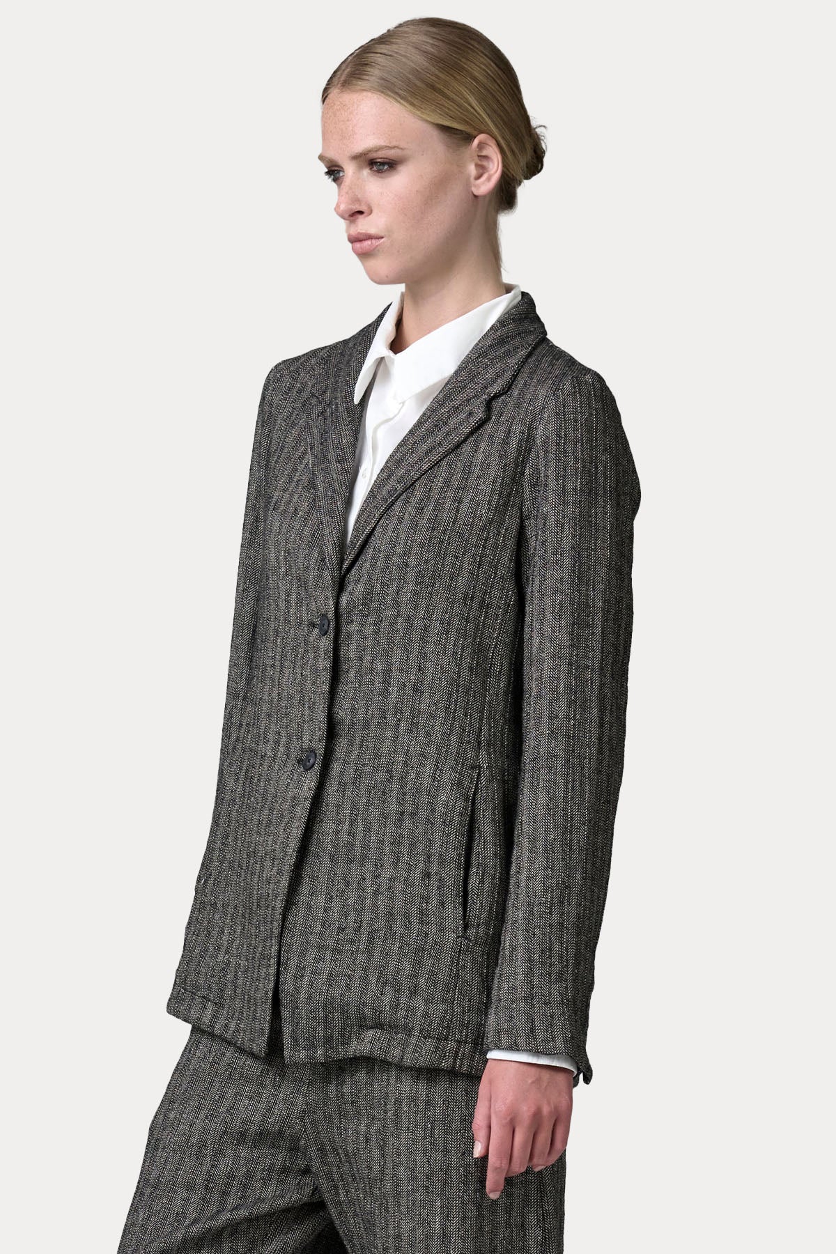 Transit Relaxed Fit Balıksırtı Desenli Keten Örgü Yün Blazer Ceket