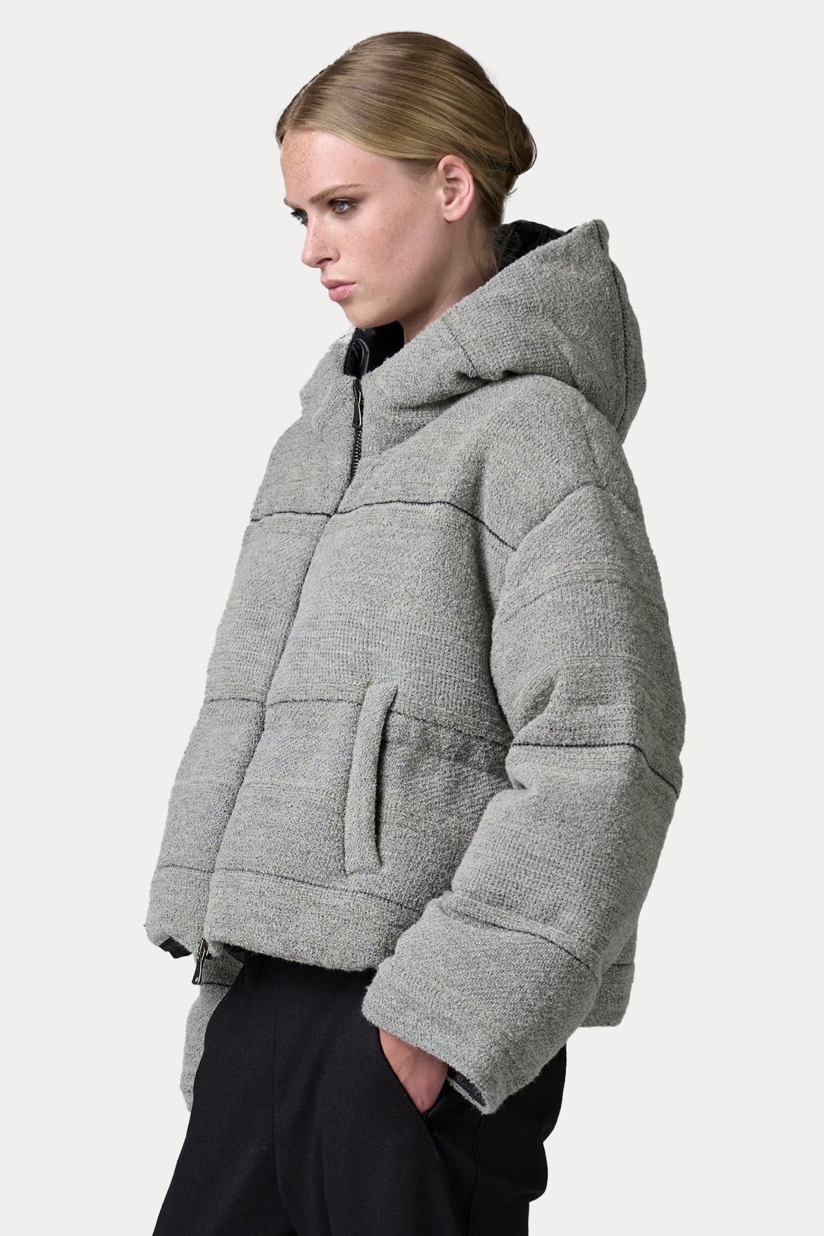 Transit Relaxed Fit Kapüşonlu Puffer Yün Mont