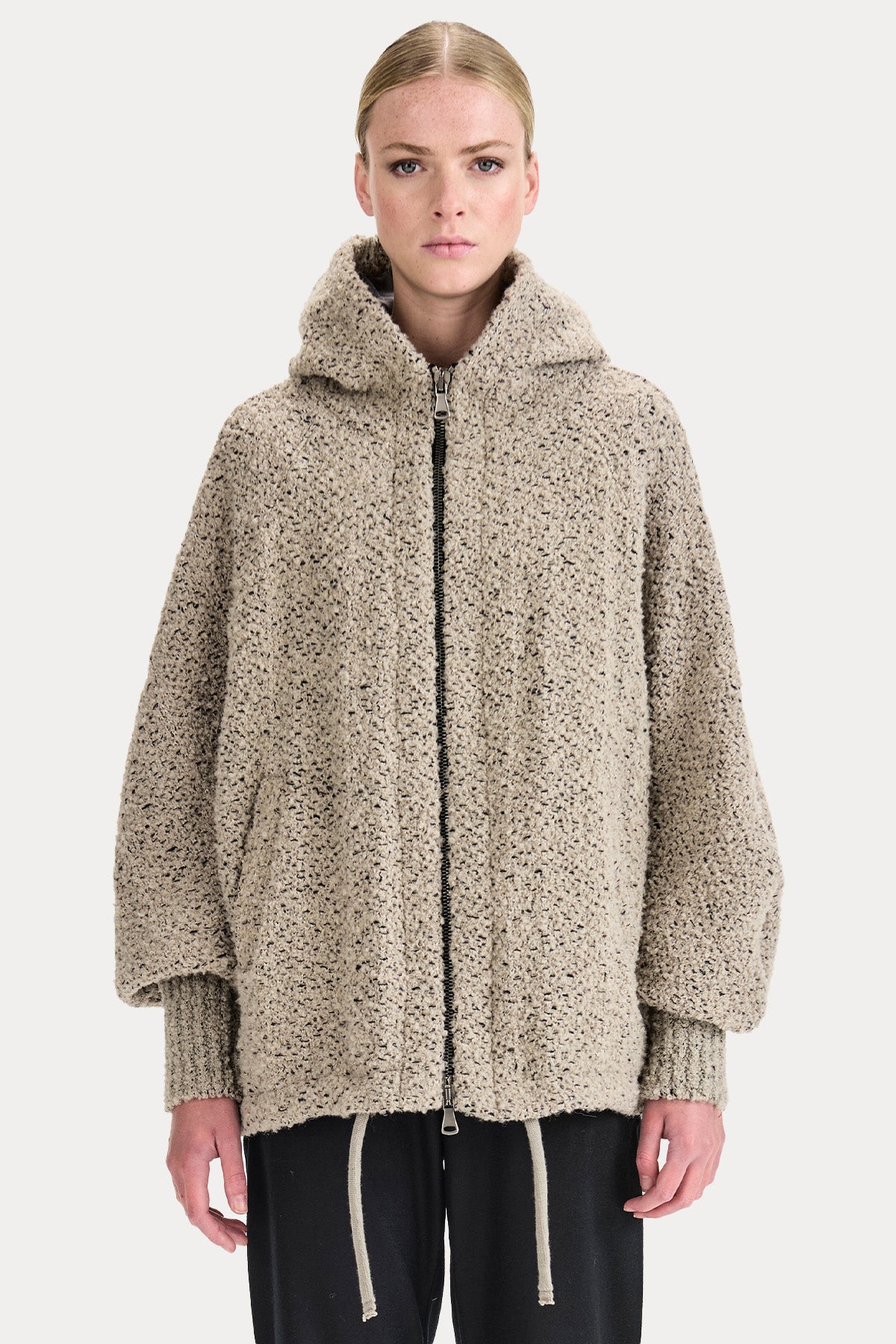 Transit Relaxed Fit Kapüşonlu Keten Örgü Yün Ceket