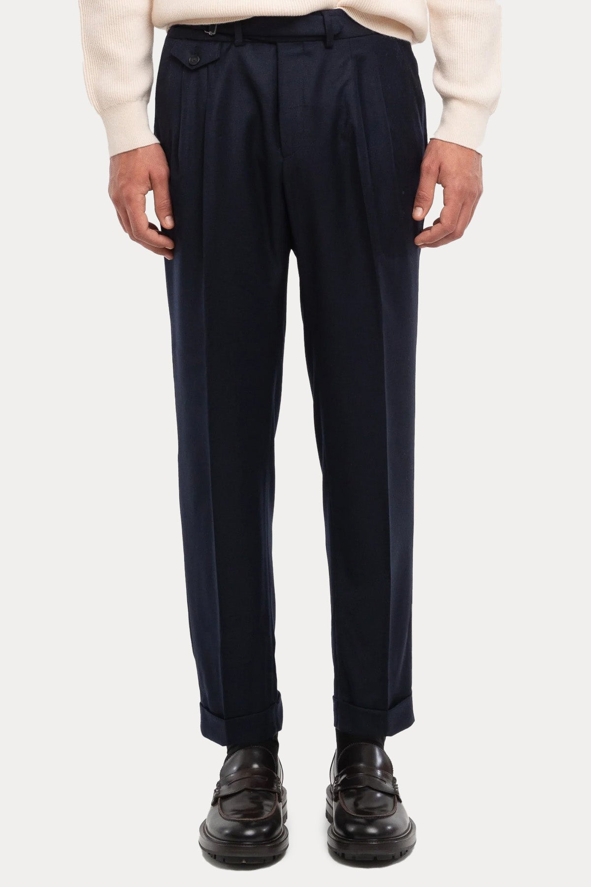 Paoloni Comfort Fit Kemerli Duble Paça Yün Pantolon