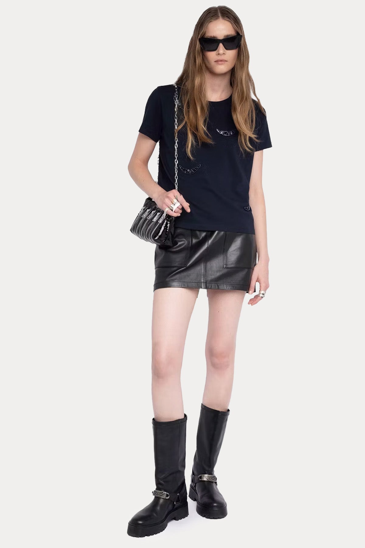 Zadig & Voltaire Regular Fit Parlak Taşlı Kanat Logolu T-shirt