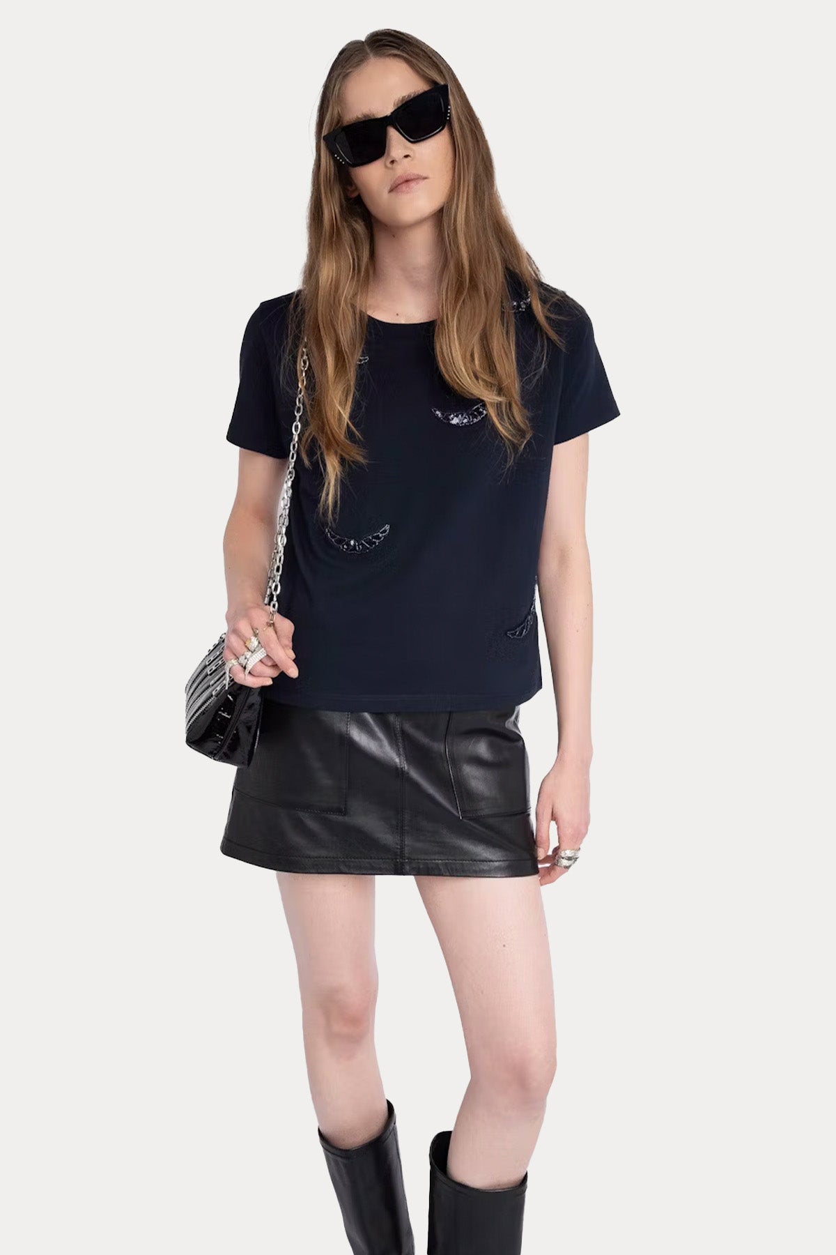 Zadig & Voltaire Regular Fit Parlak Taşlı Kanat Logolu T-shirt