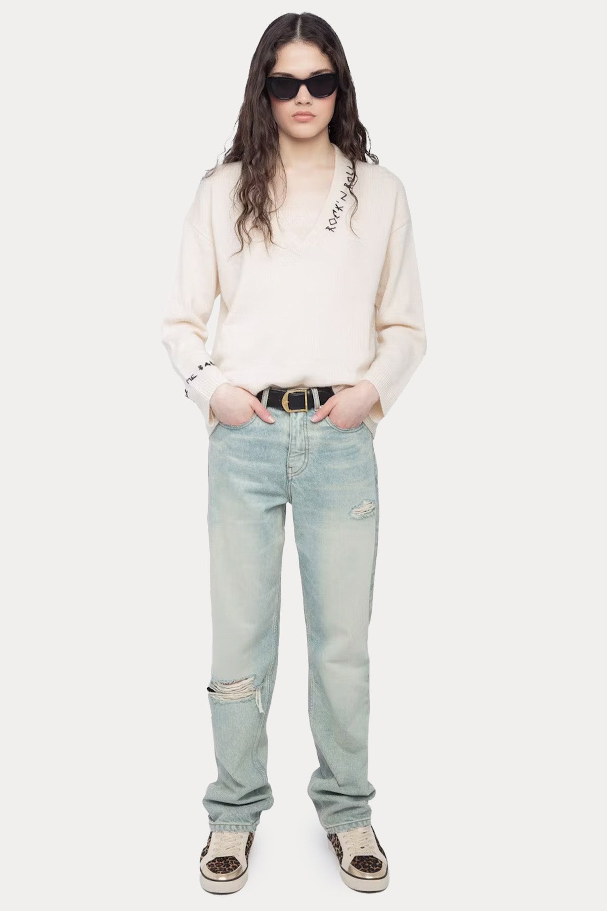 Zadig & Voltaire Comfort Fit V Yaka İnce Örgü Nakış Logolu Kaşmir Triko